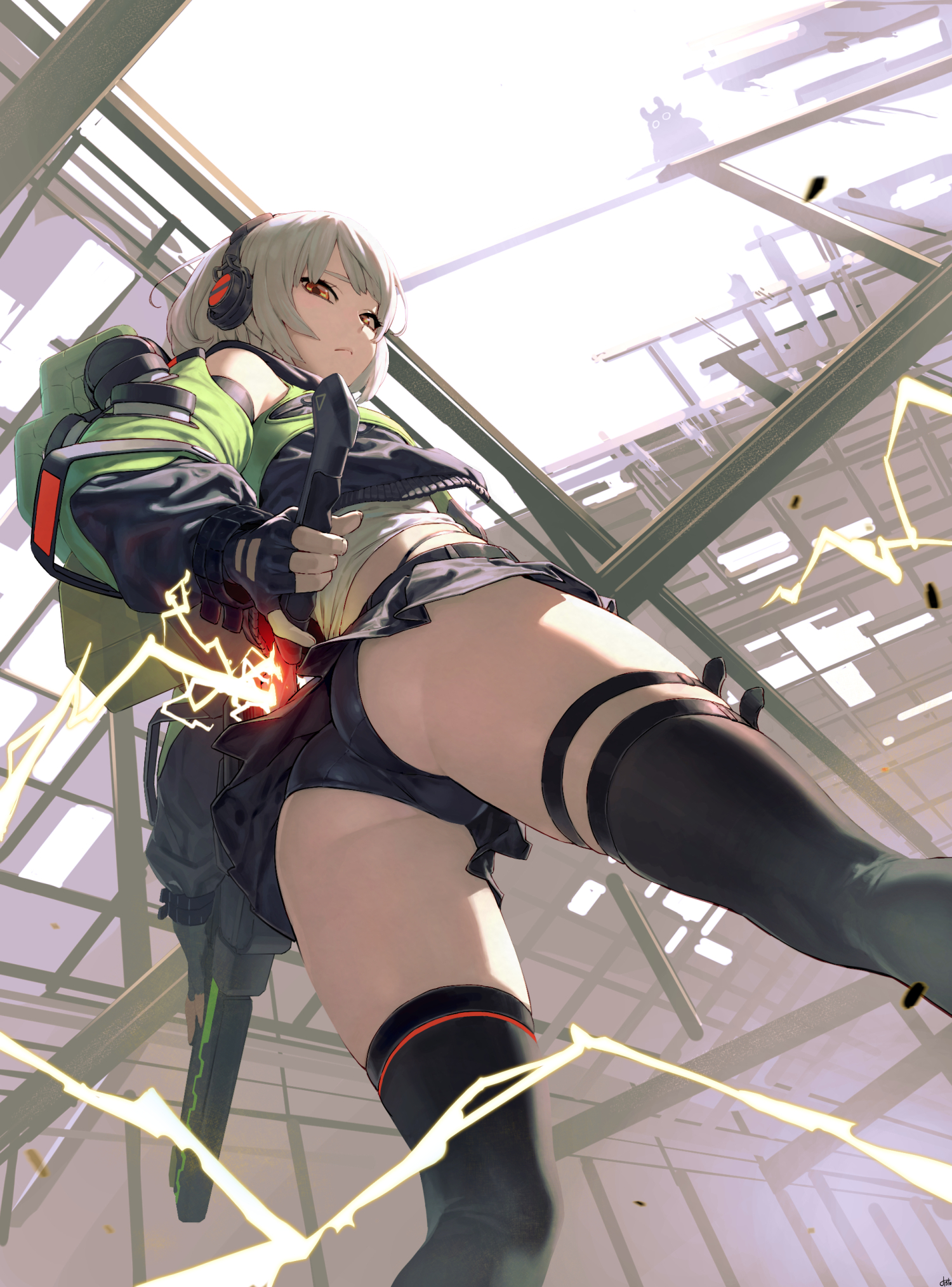 1girls, anby demara, ass, bangs, black legwear, black thighhighs, breasts, clothing, disto, female, female only, fingerless gloves, gloves, headphones, headphones around neck, headset, high resolution, holding, holding sword, holding weapon, indoors, jacket, legwear, lightning, looking at viewer, pantsu, pink hair, short hair, skindentation, skirt, solo, sword, thigh strap, thighhighs, underwear, viewed from below, weapon, white hair, yellow eyes, zenless zone zero