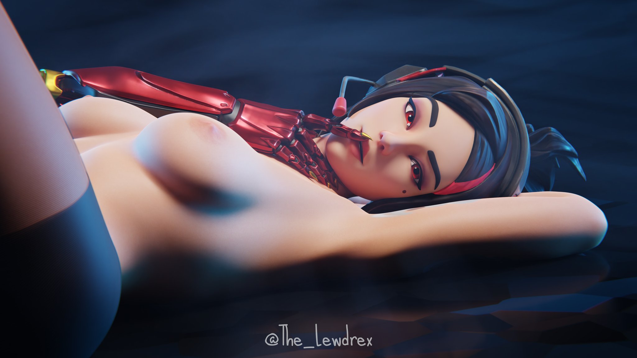 1girls, 3d, areolae, black hair, blender, bottomless, breasts, close-up, crossed legs, cybernetic arm, cybernetic limb, demi (fortnite), detailed background, female, female focus, female only, fortnite, headset, headwear, highres, laying down, laying on back, lewdrex, light, light skin, light-skinned female, looking at viewer, medium breasts, mole, mole under eye, nipples, nude, nude female, on back, on floor, pose, posing, presenting, robotic arm, seductive, seductive look, shoes, simple background, solo, topless, watermark