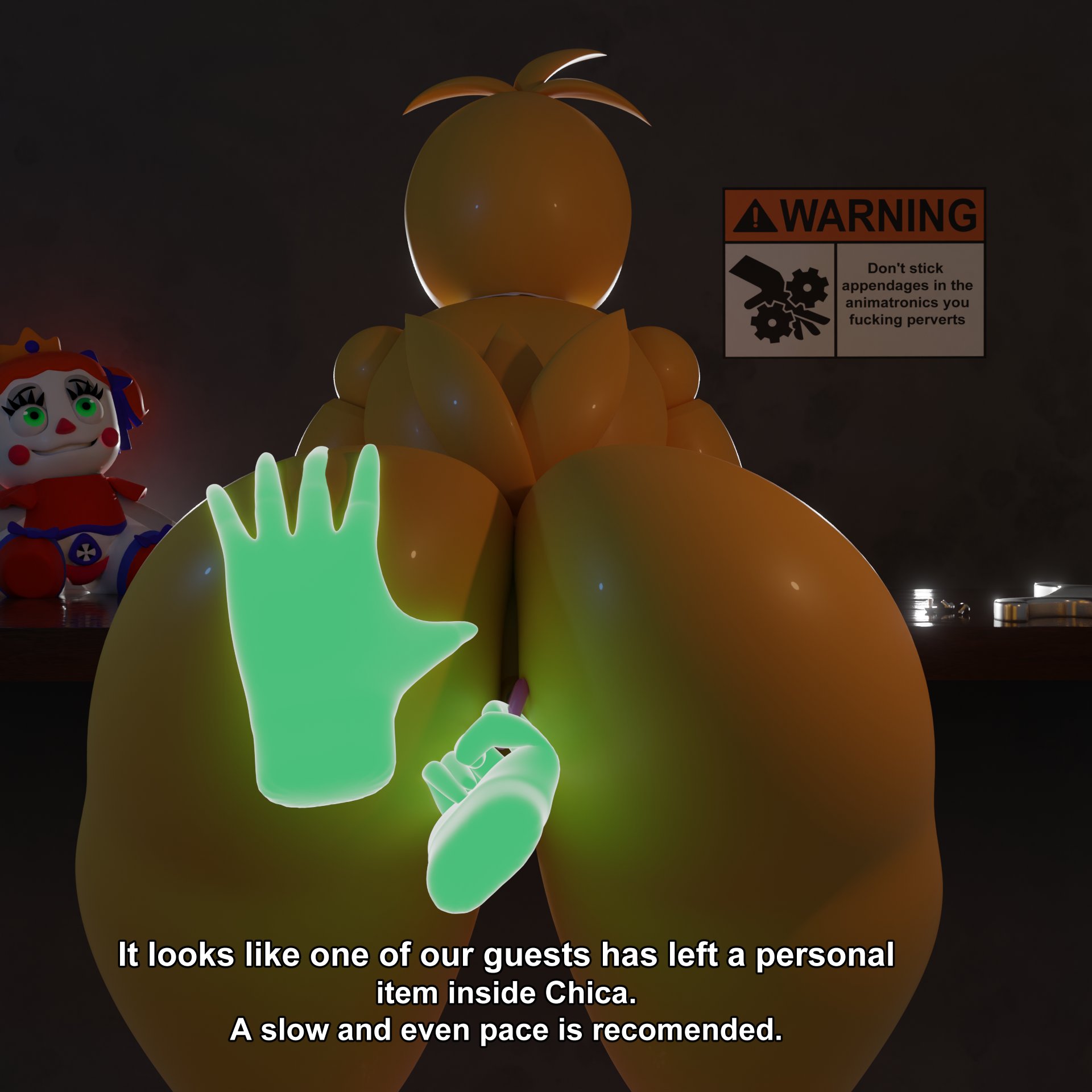 1girls, 3d, ambiguous gender, anal beads, ass, big ass, big butt, disembodied hands, female, female focus, five nights at freddy's, five nights at freddy's 2, five nights at freddy's: help wanted, g0g0g0g0g0g, huge ass, plush, poster, poster (object), tagme, text, toy chica (fnaf)