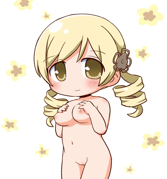 1girls 2011 blonde_hair blush breasts chibi chibi_style drill_hair female gerotan hair_ornament mahou_shoujo_madoka_magica navel nipples nude smile solo tomoe_mami twin_drills twintails yellow_eyes