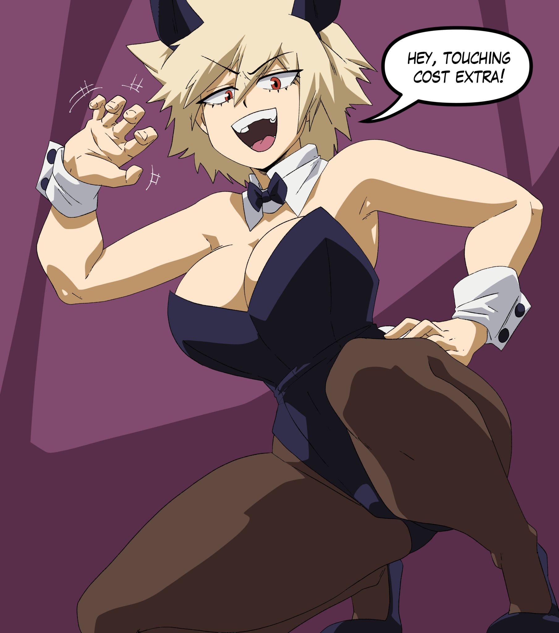 ass, big ass, big breasts, big butt, blonde hair, bowtie, breasts, bunny ears, bunny girl, bunnysuit, cleavage, clothed, clothed female, clothing, coolerinker, english text, eyelashes, female, fingernails, fingers, heels, huge breasts, inker comics, inkershike, leggings, massive breasts, milf, mitsuki bakugou, mouth, my hero academia, open mouth, pink tongue, red eyes, short hair, speech bubble, spiky hair, teeth, tights, tongue