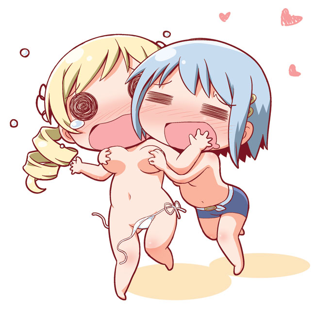 2011 2girls blonde_hair blue_hair blush breast_grab breasts chibi chibi_style drill_hair female gerotan mahou_shoujo_madoka_magica miki_sayaka navel panties pants surprised tomoe_mami twin_drills twintails yuri