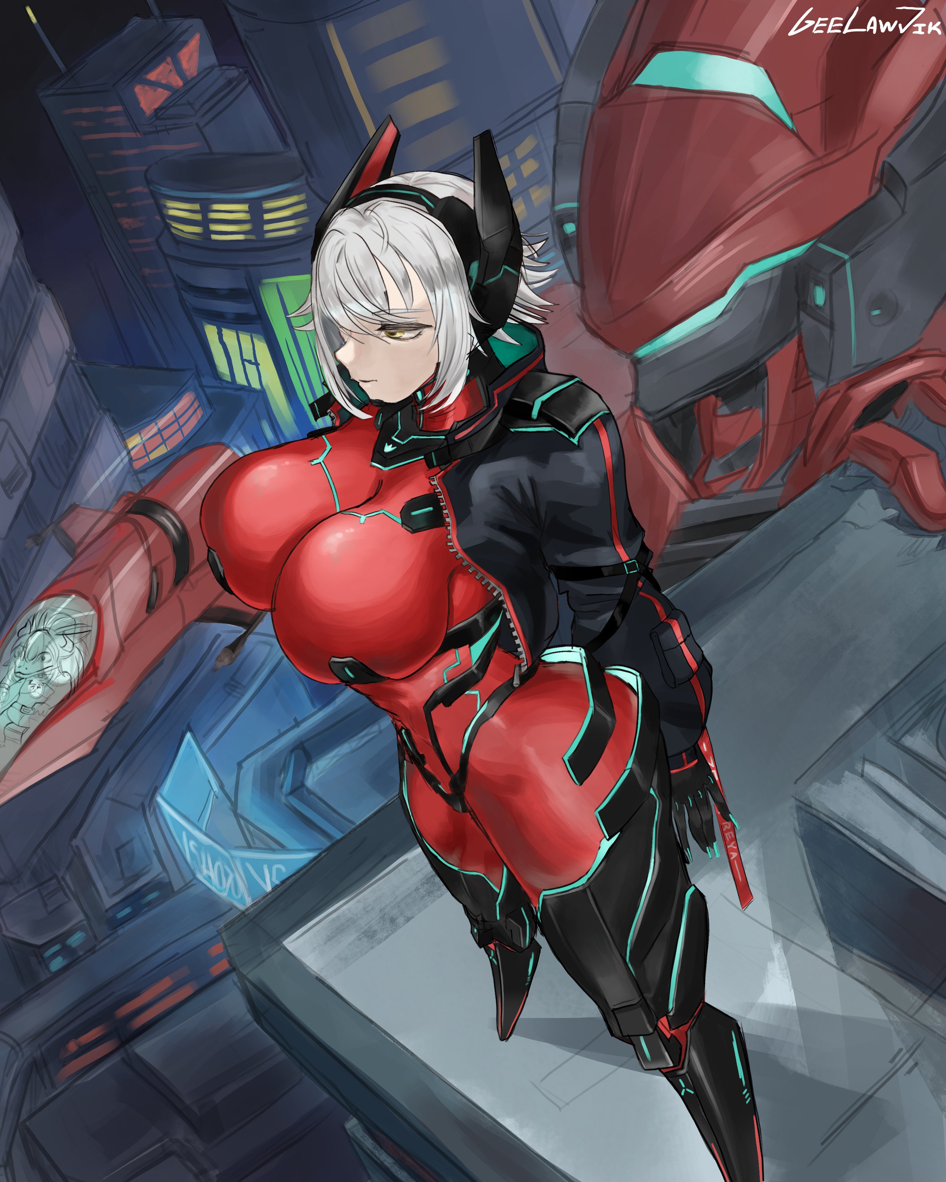 1girls, ass, big ass, big breasts, bodysuit, breasts, curvy, cybernetics, female, female only, geelawjik, silver hair, solo, thick thighs, virtual youtuber, vshojo, zentreya, zentreya (cyborg)