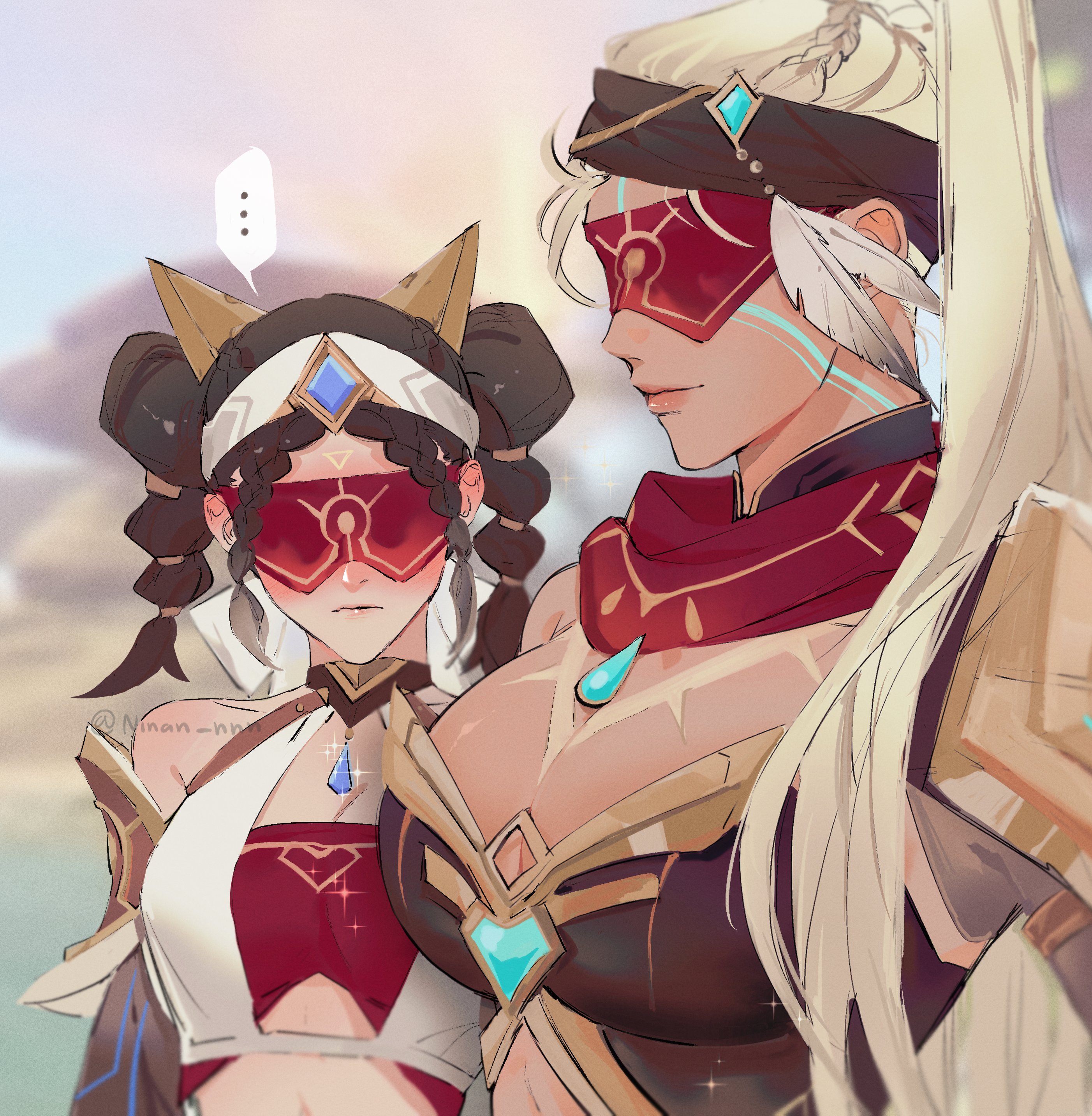 ..., 2girls, big breasts, breast envy, breasts, cleavage, eremite (genshin impact), eremite desert clearwater (genshin impact), eremite galehunter (genshin impact), female, female only, genshin impact, girl staring at guy's chest, huge breasts, meme, ninan, npc, yuri