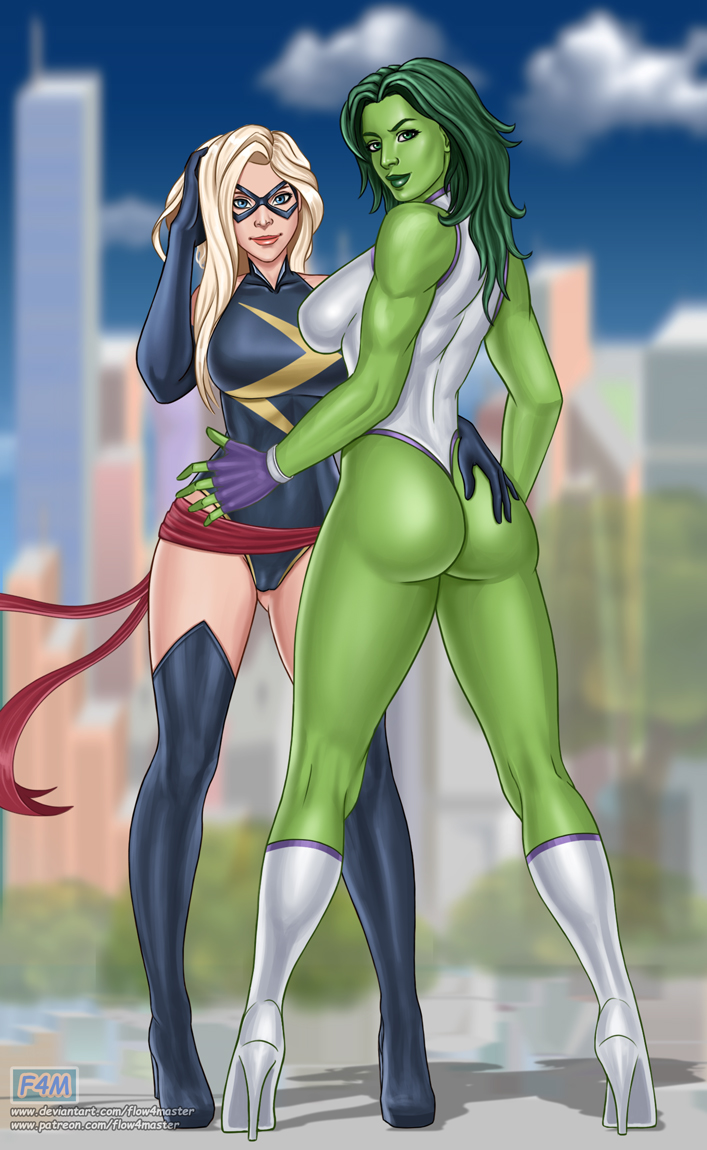 2d, 2d (artwork), 2girls, artist logo, ass, avengers, big breasts, blonde hair, blue eyes, breasts, carol danvers, deviantart username, domino mask, eye mask, female, female only, flow4master, gloves, green skin, green-skinned female, hand on ass, high heel boots, high heels, highleg leotard, hulk (series), jennifer walters, large breasts, leotard, long gloves, long hair, looking back, marvel, marvel comics, ms. marvel, ms. marvel (carol danvers), multiple females, multiple girls, patreon username, sash, she-hulk, superhero, superheroine, thigh boots