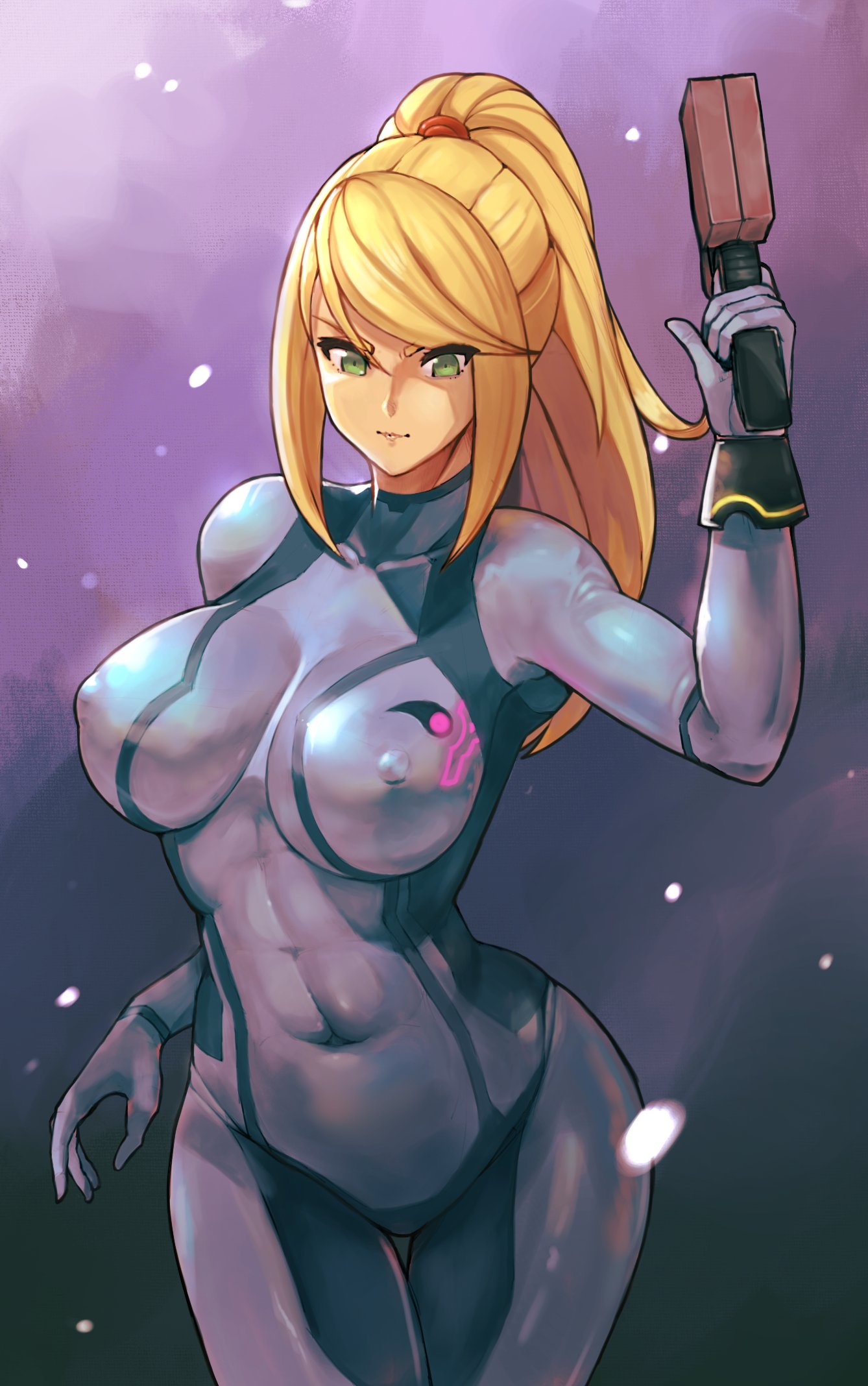 1girls babus_games blonde_hair clothed female green_eyes gun large_breasts looking_at_viewer metroid nintendo nipple_bulge ponytail samus_aran skin_tight solo thigh_gap zero_suit zero_suit_samus