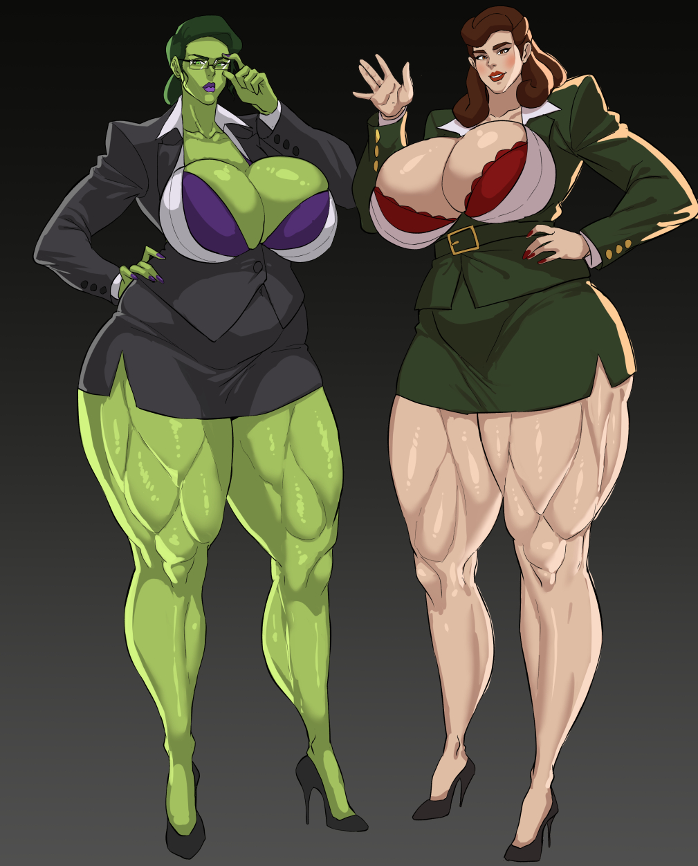 2girls, big breasts, black background, bra, breasts, brown eyes, brown hair, business attire, business suit, captain america (series), cyberboi, female, female only, giant breasts, glasses, green eyes, green hair, green skin, green-skinned female, high heels, huge breasts, hulk (series), legs, long legs, marvel, marvel comics, military uniform, miniskirt, multiple females, multiple girls, muscular, muscular thighs, painted nails, peggy carter, she-hulk, skirt, stiletto heels, suit, thick thighs, thighs, thunder thighs, very high heels, voluptuous, voluptuous female
