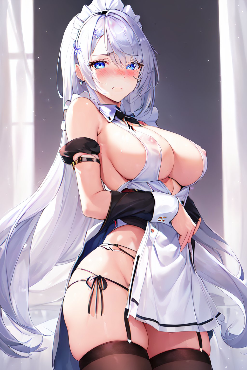1girls, ai generated, big breasts, breasts, female, female only, maid, maid headdress, nai diffusion, original, original character, revealing clothes, solo, stable diffusion, white hair