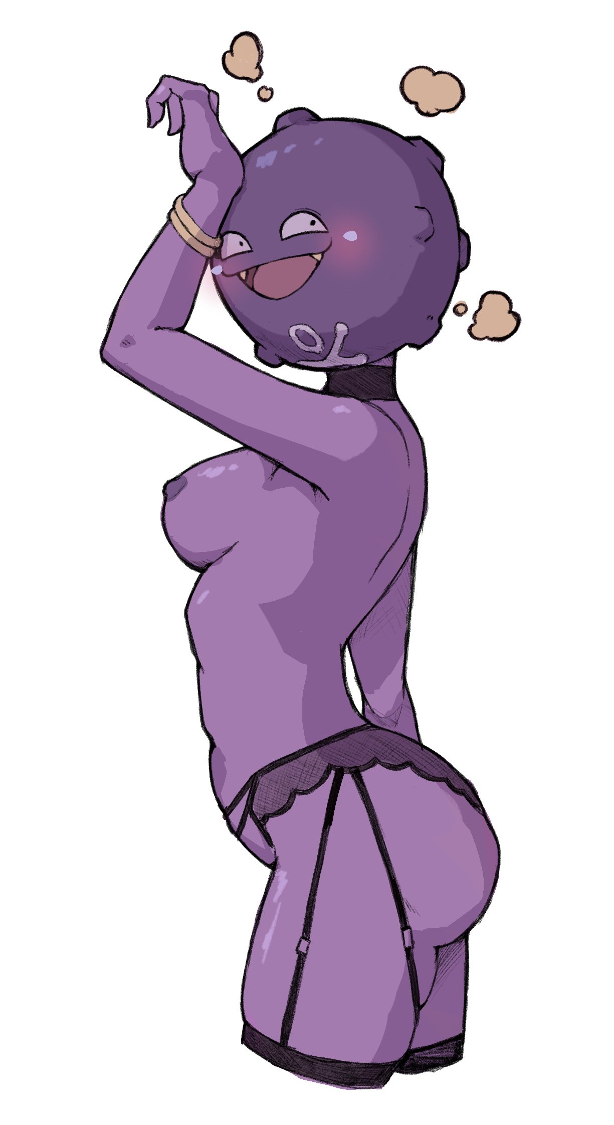 1girls babus_games blush bracelet butterface choker female funny garter_belt garter_straps humanized humanoid koffing looking_at_viewer nipples pokémon_(species) pokemon purple_skin side_view smile smoke solo stockings thighs topless white_background