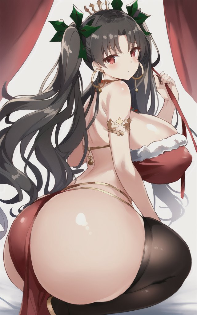 1girls, ai generated, alternate breast size, ass, back view, blush, breasts, brown hair, bubble ass, bubble butt, christmas, fate (series), fate/grand order, female, goddess, hair ornament, huge ass, ishtar (fate), ishtar (fate/grand order), large breasts, light skin, light-skinned female, long hair, nai diffusion, red eyes, sideboob, squatting, stable diffusion, thick ass, thighhighs