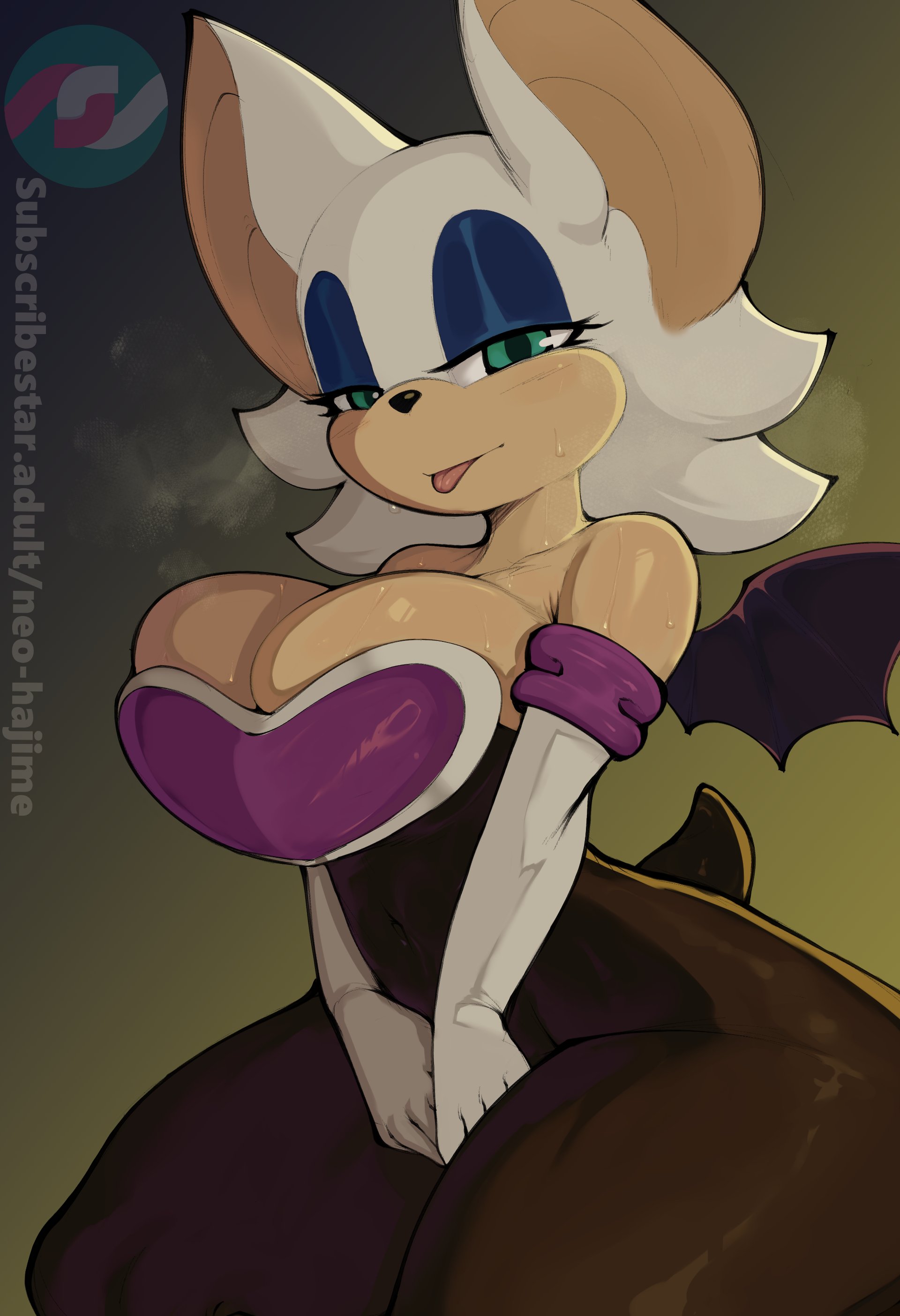 2d, arm warmers, bat, bat ears, big breasts, blep, breasts, breasts bigger than head, cleavage, elbow gloves, female, latex, mobian, mobian (species), mobian bat, neo hajime, rouge the bat, sega, sonic (series), sonic adventure 2, sonic the hedgehog (series), thick thighs, thighs, tongue, tongue out, white fur, wings
