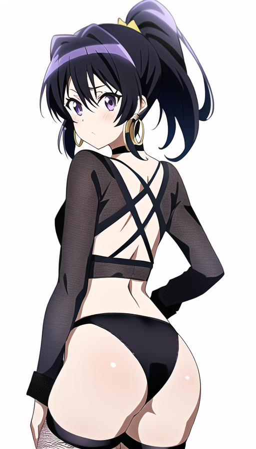 1girls ai_generated alternate_costume alternate_hairstyle ass back black_hair black_panties choker clothing_cutout crop_top earrings female from_behind hibike!_euphonium hoop_earrings kousaka_reina long_sleeves looking_at_viewer looking_back nai_diffusion panties ponytail purple_eyes solo stable_diffusion thighs underwear