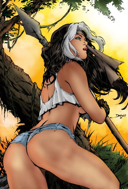 1girls ass color cowboy_shot curly_hair daisy_dukes denim_shorts diego_bernard ed_benes_studio female female_ass female_only holding_spear homo_superior jungle long_hair marvel marvel_comics mutant no_bra pinup ripped_clothing rogue_(x-men) savage_land shorts solo spear thighs tree x-men