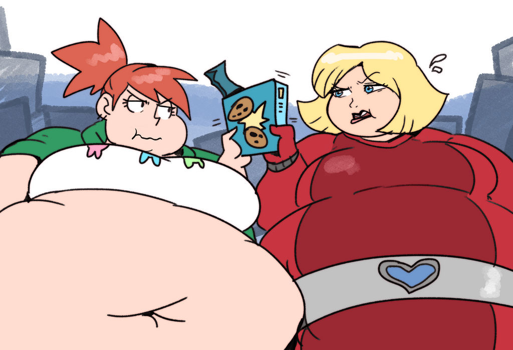 2girls bbw belly belly_bulge belly_button belt blonde_hair blue_eyes cartoon_network clover_(totally_spies) commission cookie cookies female foster's_home_for_imaginary_friends frankie_foster green_jacket lewdsona obese obese_female overweight overweight_female red_hair skin_tight_suit ssbbw sweatdrop totally_spies weight_gain