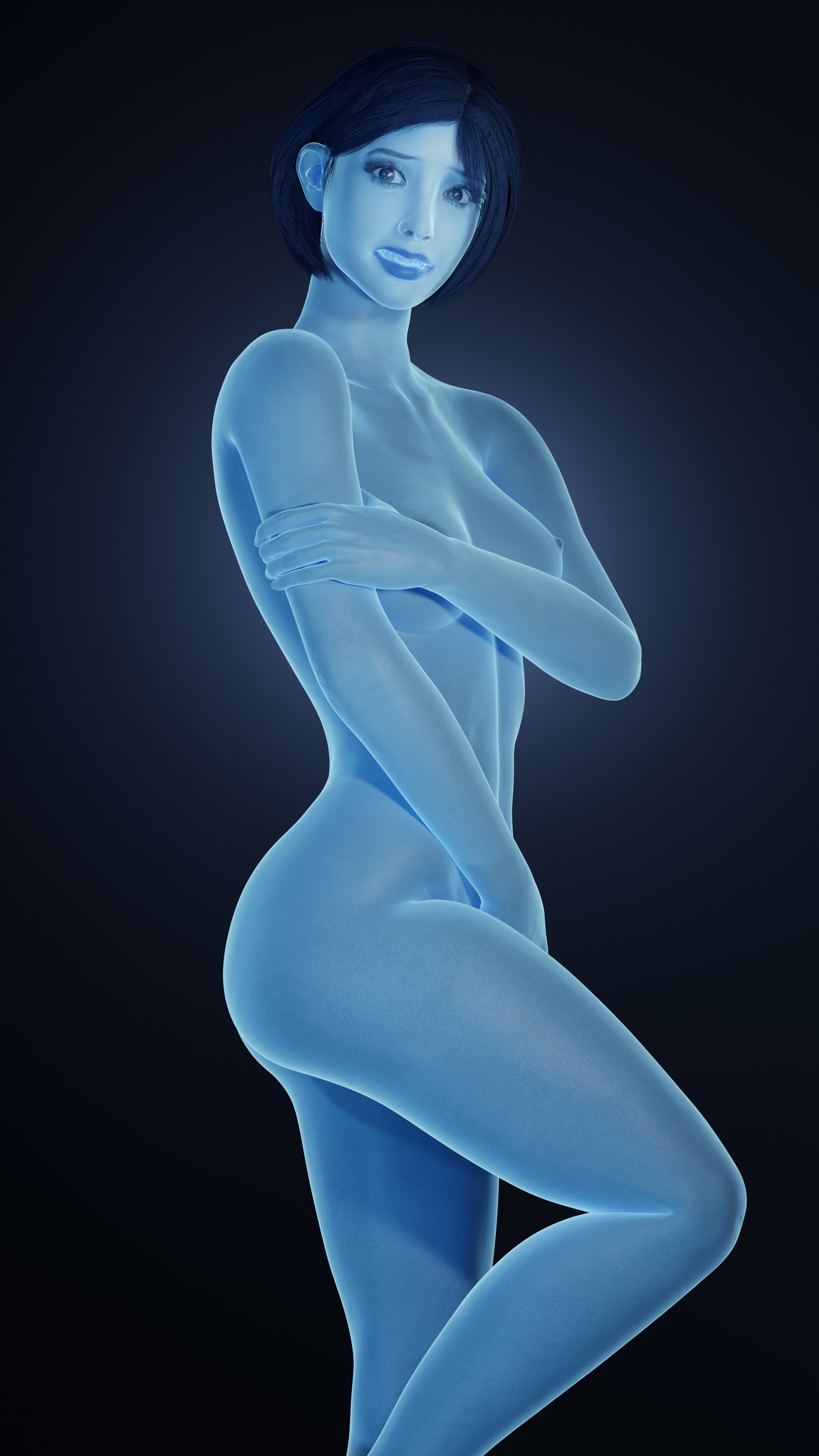 1girls, 2022, 3d, 3d (artwork), alternate version available, ass, blue body, blue eyes, blue hair, blue lips, blue nipples, blue skin, breasts, covered nipples, covering, covering breasts, covering crotch, female, female only, halo (series), hologram, jinx shaco, joyeuse, large ass, looking at viewer, slim, slim waist, solo, solo female, the weapon (halo infinite)