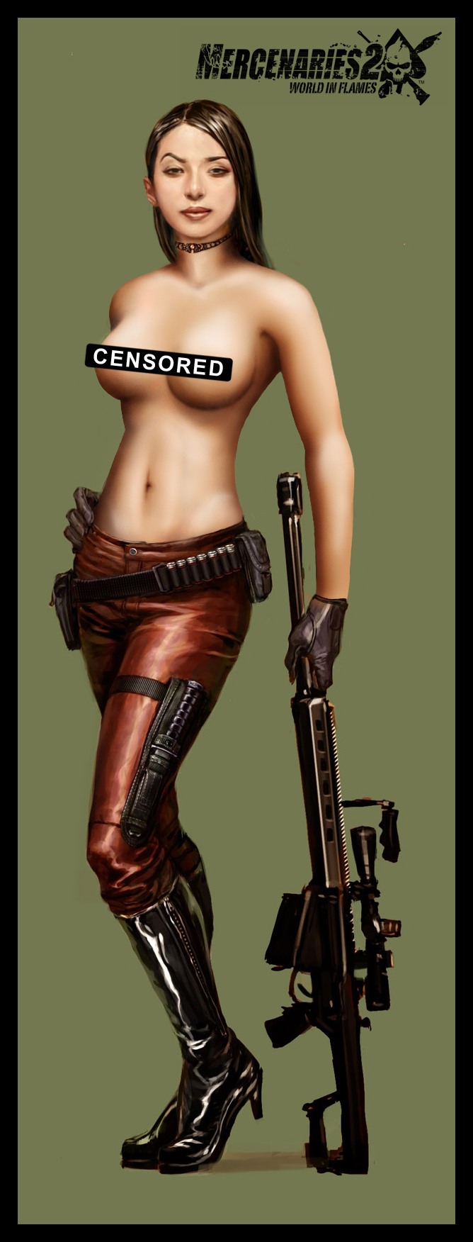 barret_m95 black_hair boots censored choker gloves jennifer_mui knife long_hair mercenaries mercenaries_2 rifle sniper_rifle topless