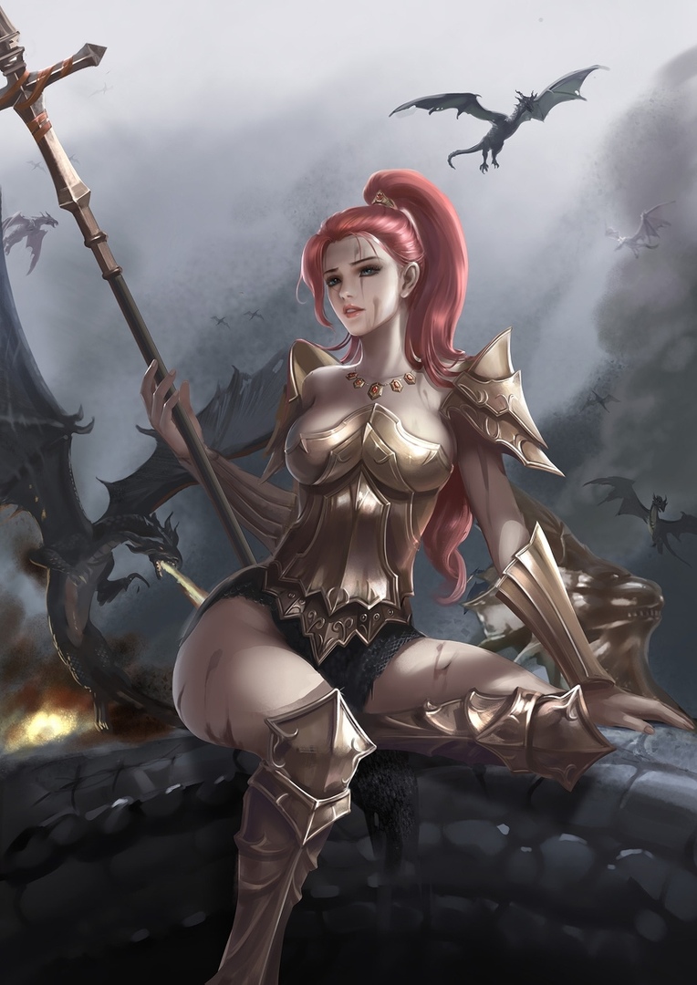 1girls armor armored_boots armored_dress battle color dark_souls detailed detailed_background dragon dragon_slayer_ornstein female fromsoftware genderswap_(mtf) helmet_removed light-skinned_female looking_at_viewer makeup mephisto necklace ponytail red_hair rule_63 sitting solo spear stain weapon