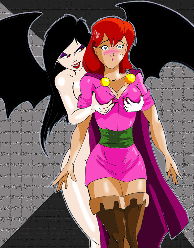 2girls black_hair blue_eyes blush breast_fondling breast_grab breast_squeeze cleavage demon_wings demoness demonic_eyes dress dungeons_and_dragons dungeons_and_dragons_(cartoon) eyeshadow fangs female freckles ginger human lipstick makeup minidress multiple_girls red_eyes red_hair sheila_the_thief standing succubus thigh_boots voluptuous wings yuri