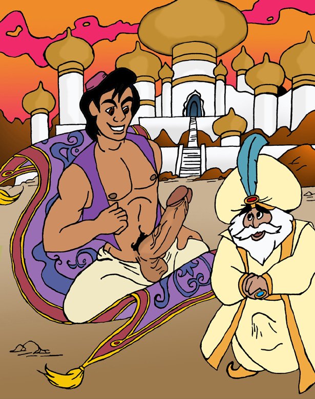 2boys aladdin aladdin_(character) balls big_penis disney erection erection_under_clothes exposed_nipples flying_carpet gay huge_cock male male_only open_vest pants_down penis sultan_(aladdin) yaoi