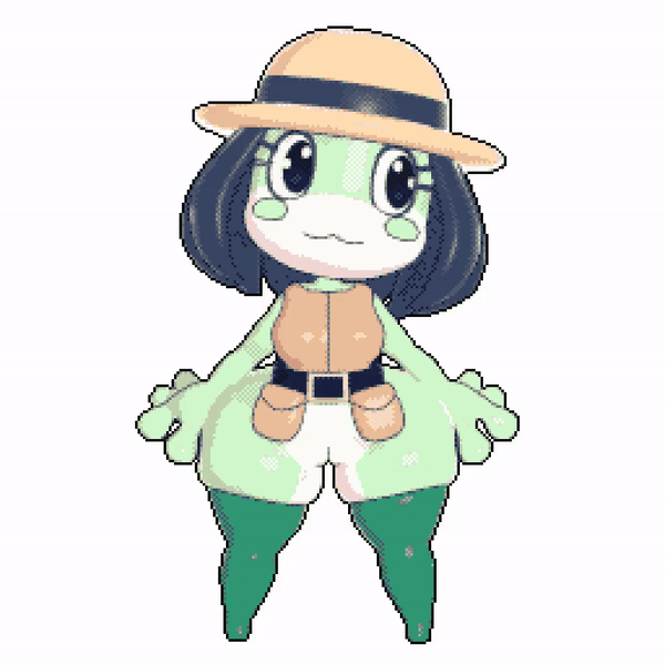 :3, 1girls, 3d, alph (monnodev), animated, ass, big eyes, cute, female, frog, frog girl, monnodev, pixel art, pussy, shortstack, turntable (animation), white background
