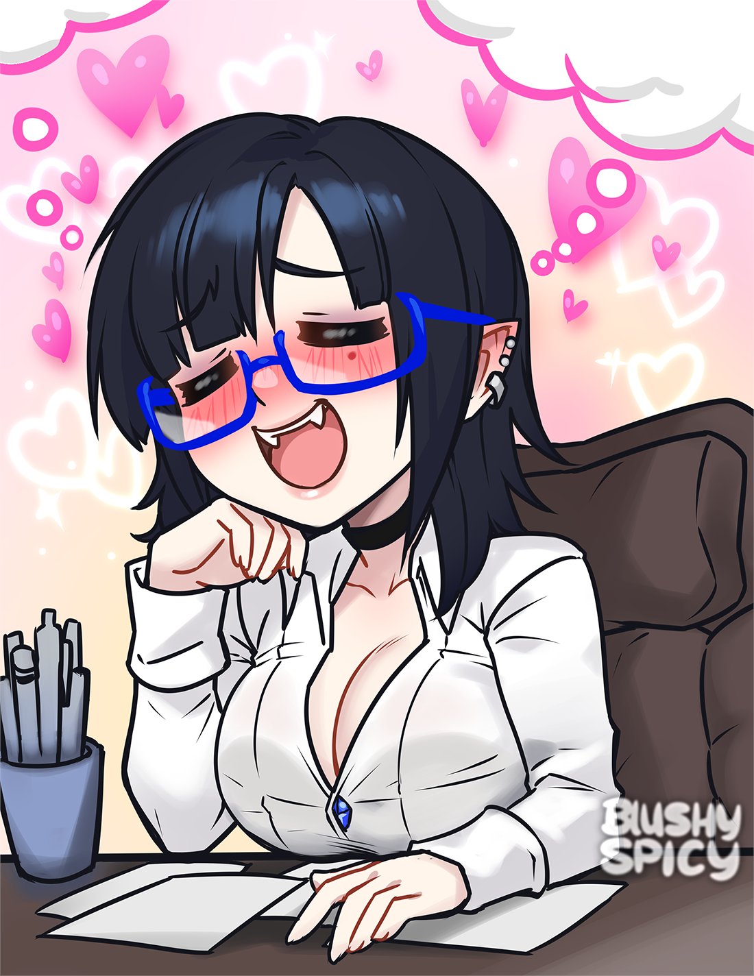 black_hair blush blushypixy blushyspicy cleavage dreaming fangs female glasses oc office office_lady original original_character pointy_ears secretary smile smiling vampire vampy_(blushypixy) vivian_(blushyspicy) white_skin