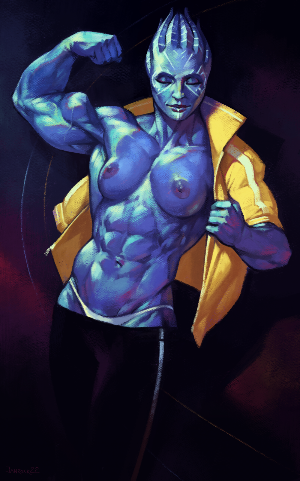 abs alien asari biceps bioware blue_skin clenched_hand closed_eyes colored_skin electronic_arts facepaint female flexing highres jacket jan_rockitnik janrock mass_effect muscular muscular_female open_clothes open_jacket panties solo topless track_suit underwear veins veiny_arms white_panties