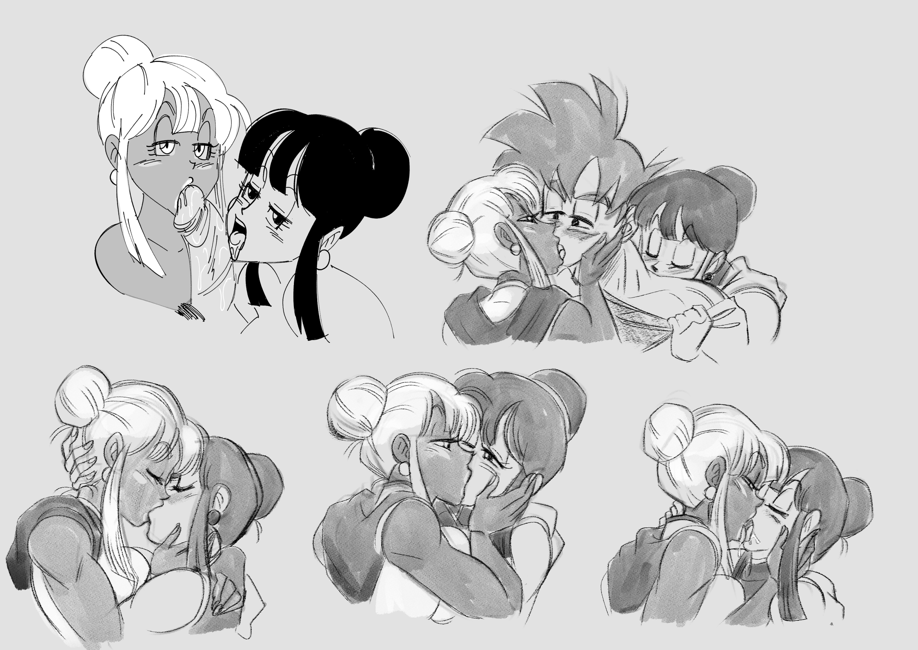 1boy, 2girls, absurd res, bisexual, bisexual female, chichi, dragon ball, dragon ball super, dragon ball z, female, funsexydragonball, greyscale, hi res, kissing, male, monochrome, selfcest, simple background, son goku, threesome