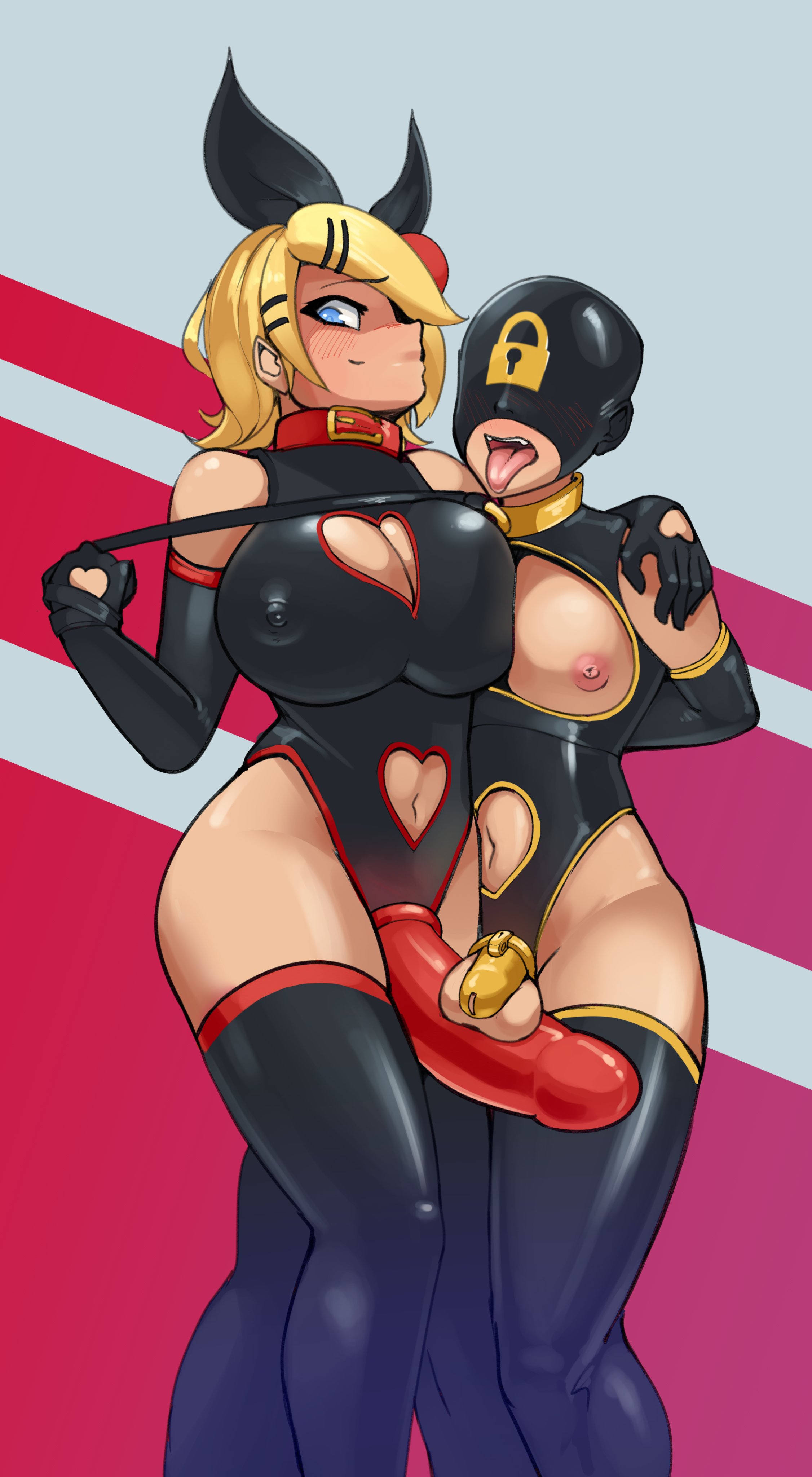 1boy, 1girls, alternate costume, cage, caged, caged cock, chastity, chastity cage, chastity device, cock cage, female, femboy, femdom, gimp mask, kagamine len, kagamine rin, latex, latex suit, leash, leash and collar, leash pull, male, malesub, nunsafeforwork, opposite sex twins, penis, penis cage, strap-on, strapon, vocaloid