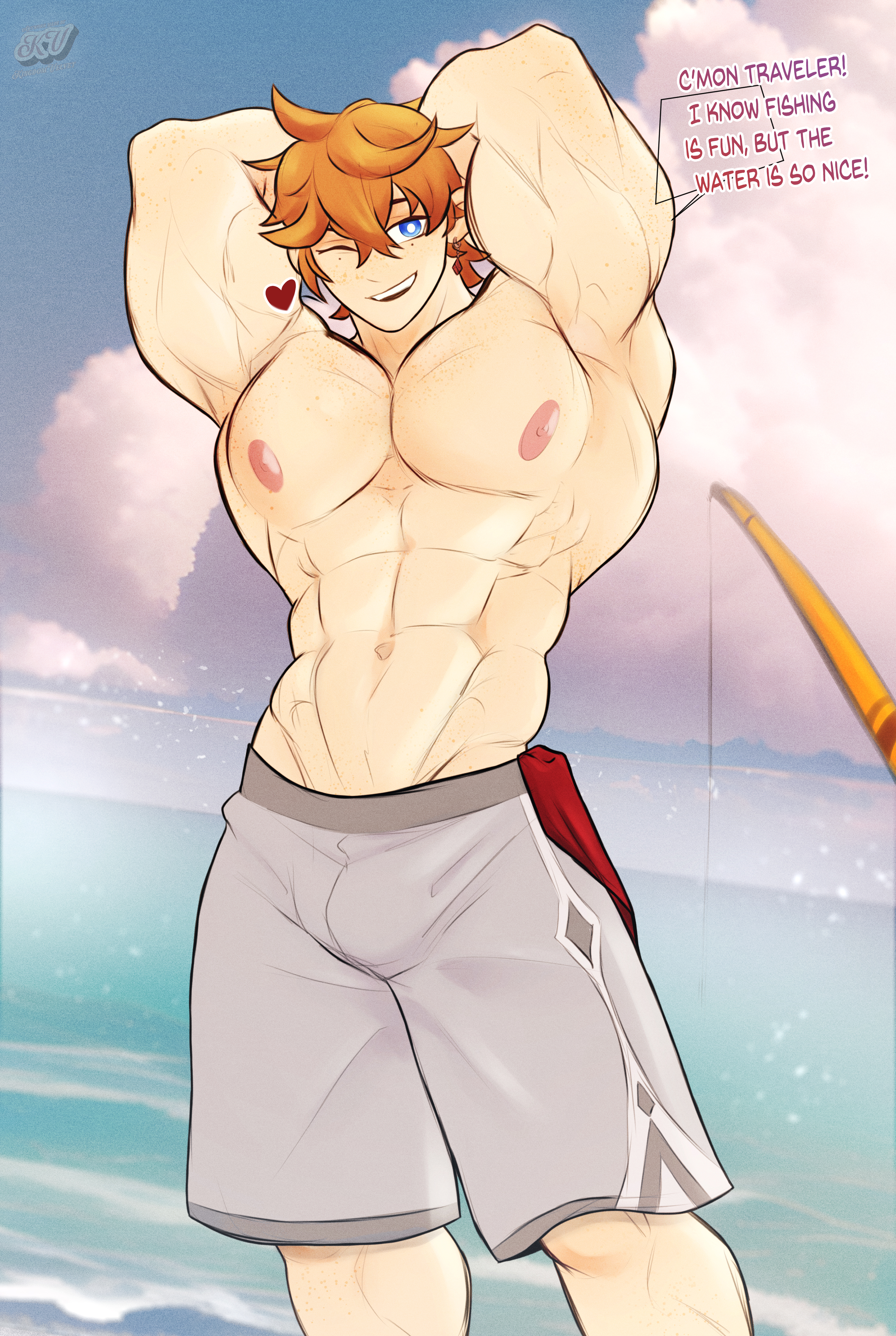 abs, beach, biceps, bulge, childe (genshin impact), cum, cum on penis, flaccid, gay, genshin impact, kingdom velvet, male, male focus, male only, muscles, muscular, muscular arms, muscular back, muscular male, nipples, pecs, penis, solo, solo male, swimsuit, tartaglia (genshin impact)