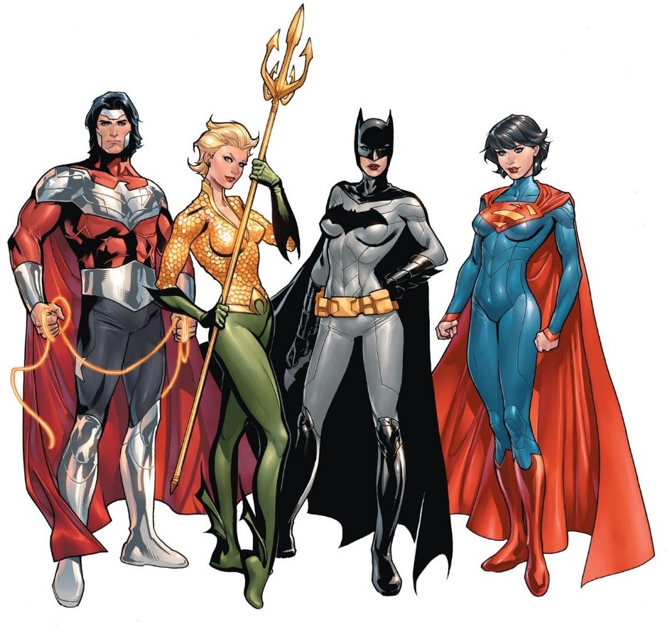 1boy 3girls amazon aquawoman ariel_curry atlantean batwoman big_breasts black_hair blonde_hair blue_eyes boots breasts bryce_wayne cape clara_kent clothing curvy curvy_female curvy_figure dc dc_comics earth_11 female fit fit_female fit_male gloves human kryptonian light-skinned_female light-skinned_male male mature mature_female milf mother official_art outerwear pale_skin queen short_hair superhero superheroine superwoman tight_clothing trident white_fur wide_hips wonderous_man