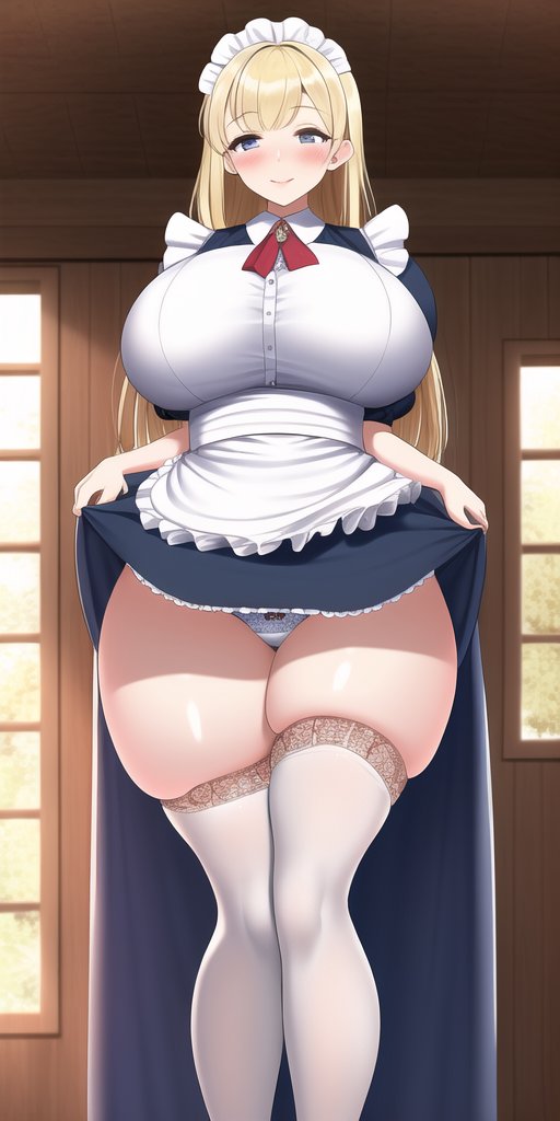 1girls, ai generated, big breasts, blonde hair, breasts, female, female only, long hair, maid, nai diffusion, original, original character, solo, stable diffusion, thick thighs, thighs
