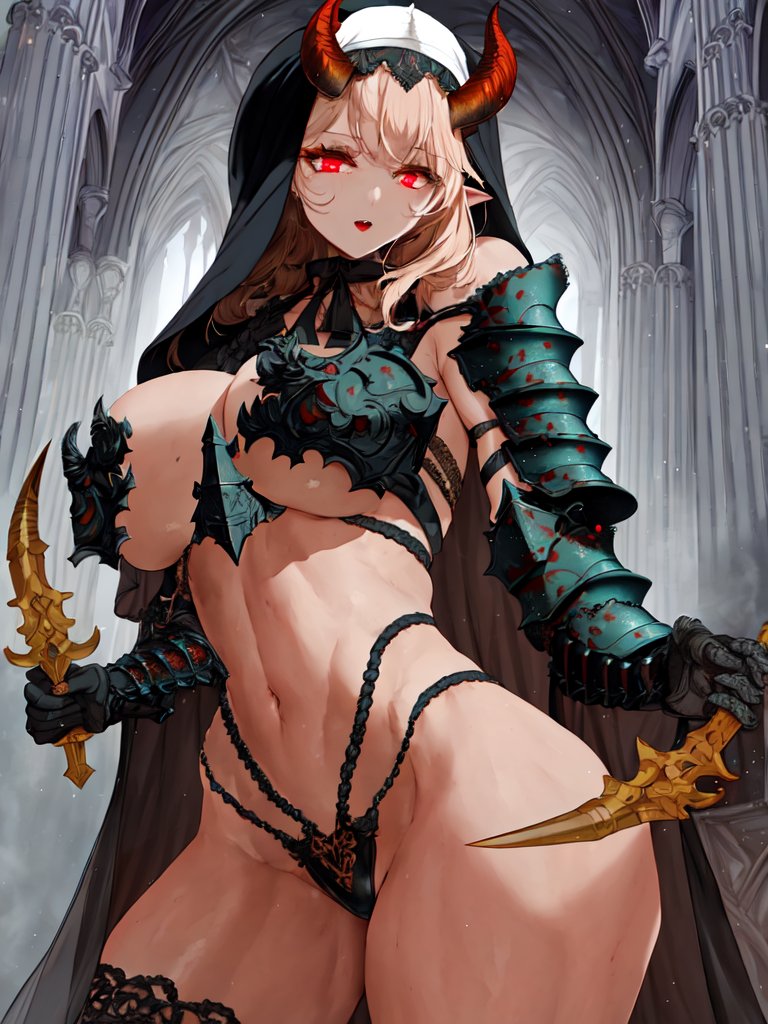 1girls, ai generated, big breasts, breasts, bulging breasts, curvaceous, curvy figure, demon, demon girl, demon horns, female, female only, high resolution, highres, long hair, looking at viewer, nai diffusion, nun, nun outfit, original, scaled forearms, solo, stable diffusion, voluptuous, voluptuous female