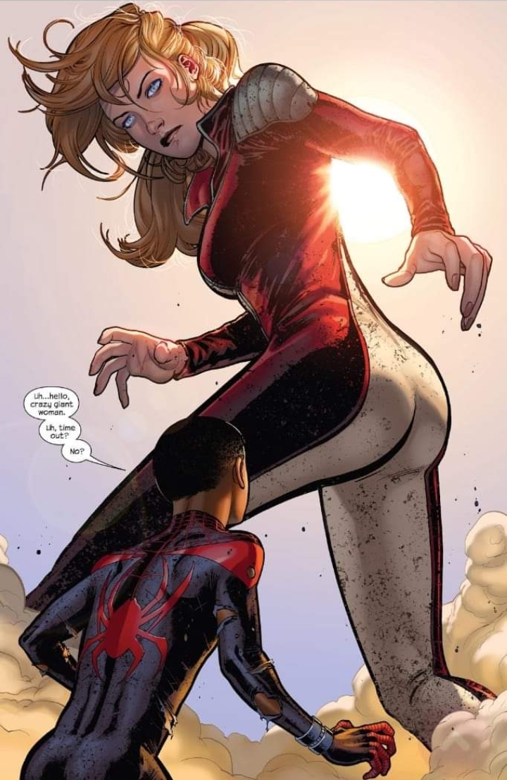 1boy 1girls ass ass_focus big_ass blonde_hair cassie_lang comic comic_page curvy curvy_female dat_ass david_marquez english_text fat_ass female giant_female justin_ponsor male marvel marvel_comics miles_morales spider-man superhero text tight_ass tight_clothing ultimate_marvel ultimate_spider-man wide_hips