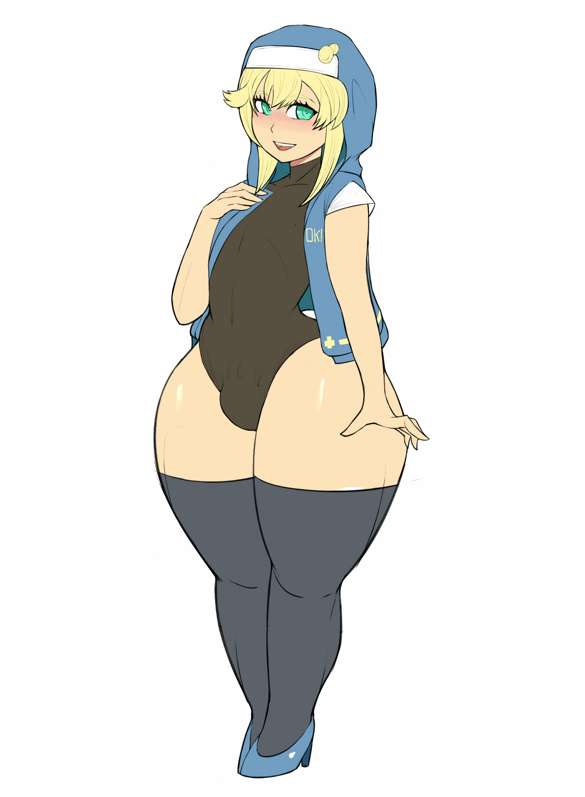 1boy, allbeatnik, blonde hair, blue eyes, blush, bottom heavy, bridget, bulge, eye contact, femboy, guilty gear, guilty gear strive, hoodie, huge thighs, legwear, light skin, light-skinned male, long hair, looking at viewer, male, male only, penis, penis bulge, solo, standing, thick thighs, thighhighs, thighs, thunder thighs, voluptuous, wide hips