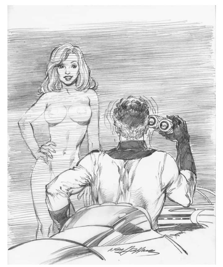 1boy 1boy1girl 1girls big_breasts binoculars black_and_white breasts canon_couple clothed_male_nude_female colorless couple curvy curvy_female duo fantastic_four female human human_only imminent_sex invisible_woman lipstick male male/female marvel monochrome mr_fantastic naked naked_female neal_adams reed_richards smile straight straight_hair sue_storm superhero superheroine wide_hips