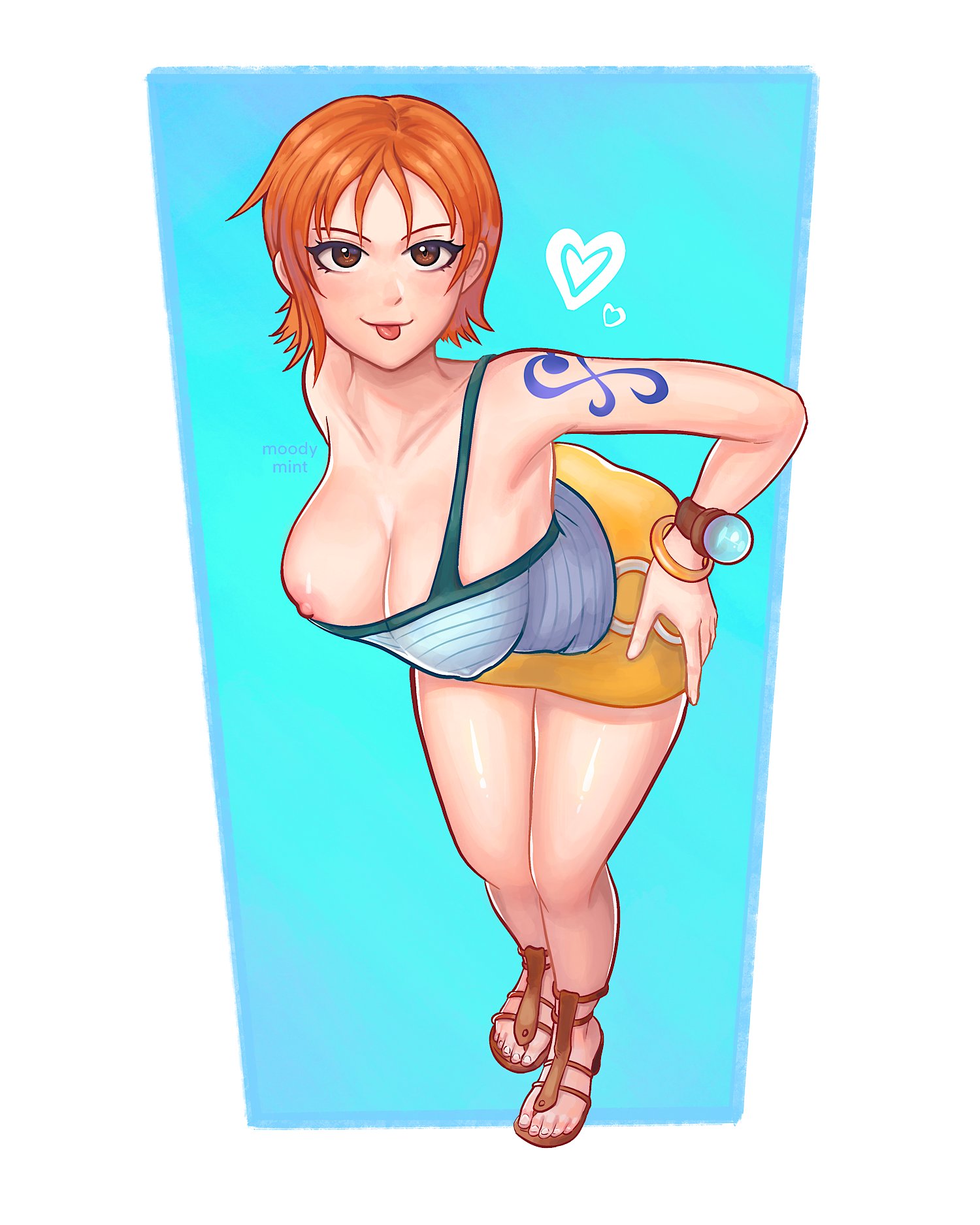 1girls, arm tattoo, bending forward, blue tattoo, clothing, female, female only, moody mint, nami (one piece), nipple slip, one piece, orange hair, orange-haired female, pre-timeskip, sandals, short hair, solo, straight hair, tank top, tattoo, tattoo on arm, tattooed arm, tongue, tongue out