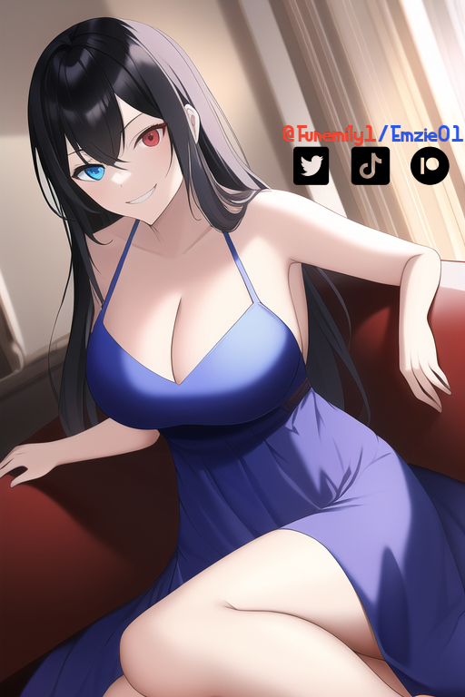 1girls ai_generated artist_self-insert blue_eyes cleavage dress emzie01 funemily1 hands_behind_back heterochromia large_breasts legs long_hair mommy mommy_kink nai_diffusion red_eyes sitting smirk stable_diffusion tagme watermark