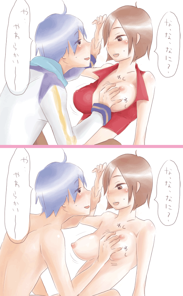 blue_hair blush brown_eyes brown_hair eyebrows_visible_through_hair groping hair_over_one_eye japanese_text kaito_(vocaloid) kanyaaa027 large_breasts meiko no_bra nude one_breast_out open_mouth scarf short_hair straight vocaloid