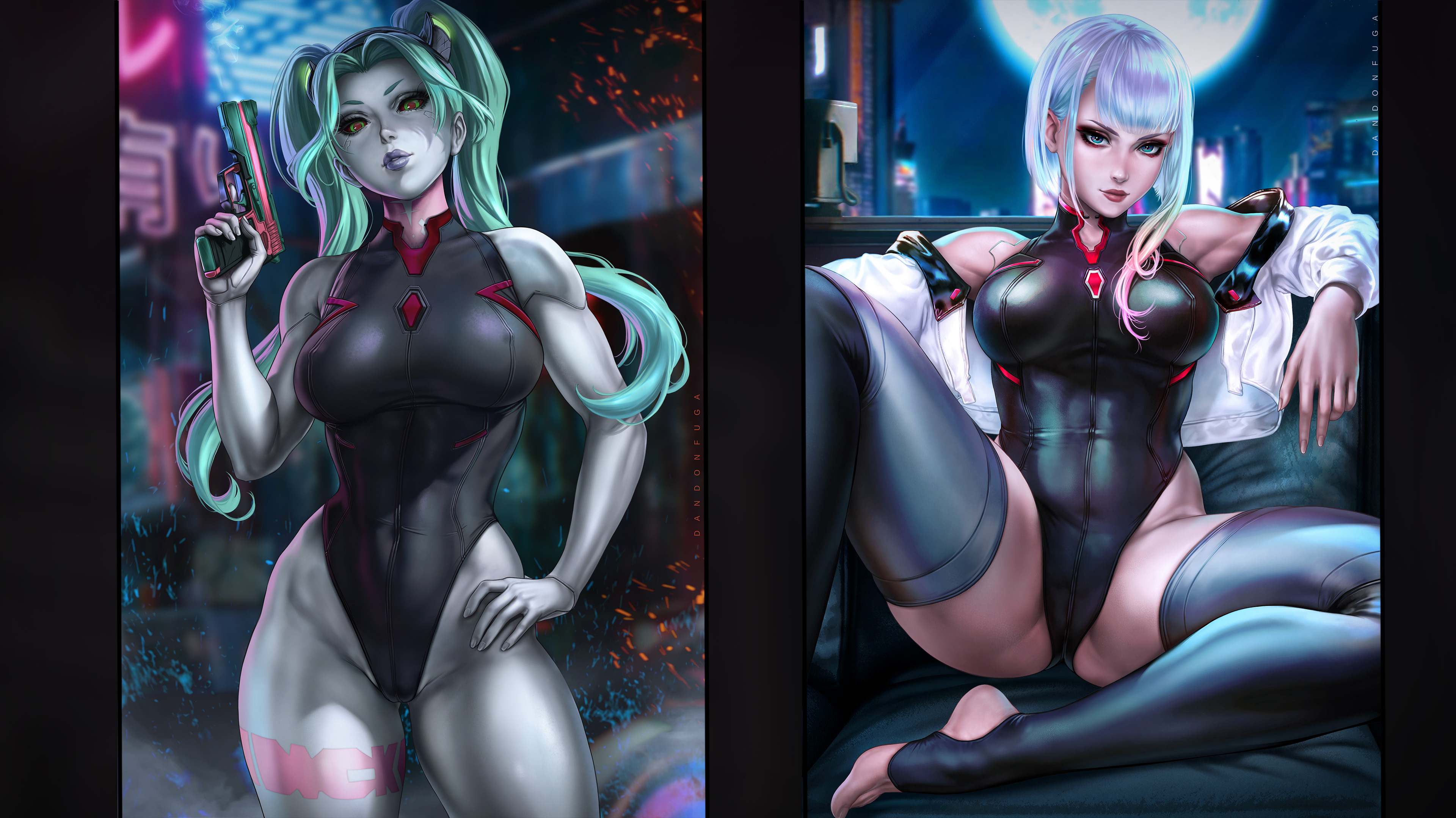 2girls, absurd res, absurdres, alternate breast size, bangs, bare arms, bare shoulders, bare skin, bare thighs, big breasts, black clothes, black clothing, black leotard, body markings, breasts, busty, cd projekt red, child bearing hips, city background, clothed, clothed female, clothing, cybernetics, cyberpunk 2077, cyberpunk: edgerunners, dandon fuga, feet, female, female focus, female only, firearm, green hair, green pupils, grey skin, gun, hand on hip, hand on own hip, handgun, high resolution, highres, hips, holding gun, holding pistol, holding weapon, human, jacket, large breasts, large filesize, legs, leotard, lucyna kushinada, moon, moonlight, night, no artist signature, no source, on chair, open legs, pale skin, pistol, rebecca (edgerunners), red eyes, shiny hair, short hair, silver hair, sitting, sitting down, sitting on chair, solo, solo female, solo focus, standing, stirrup legwear, stirrups, studio trigger, thick thighs, thighs, twintails, very high resolution, weapon, white clothing, white jacket