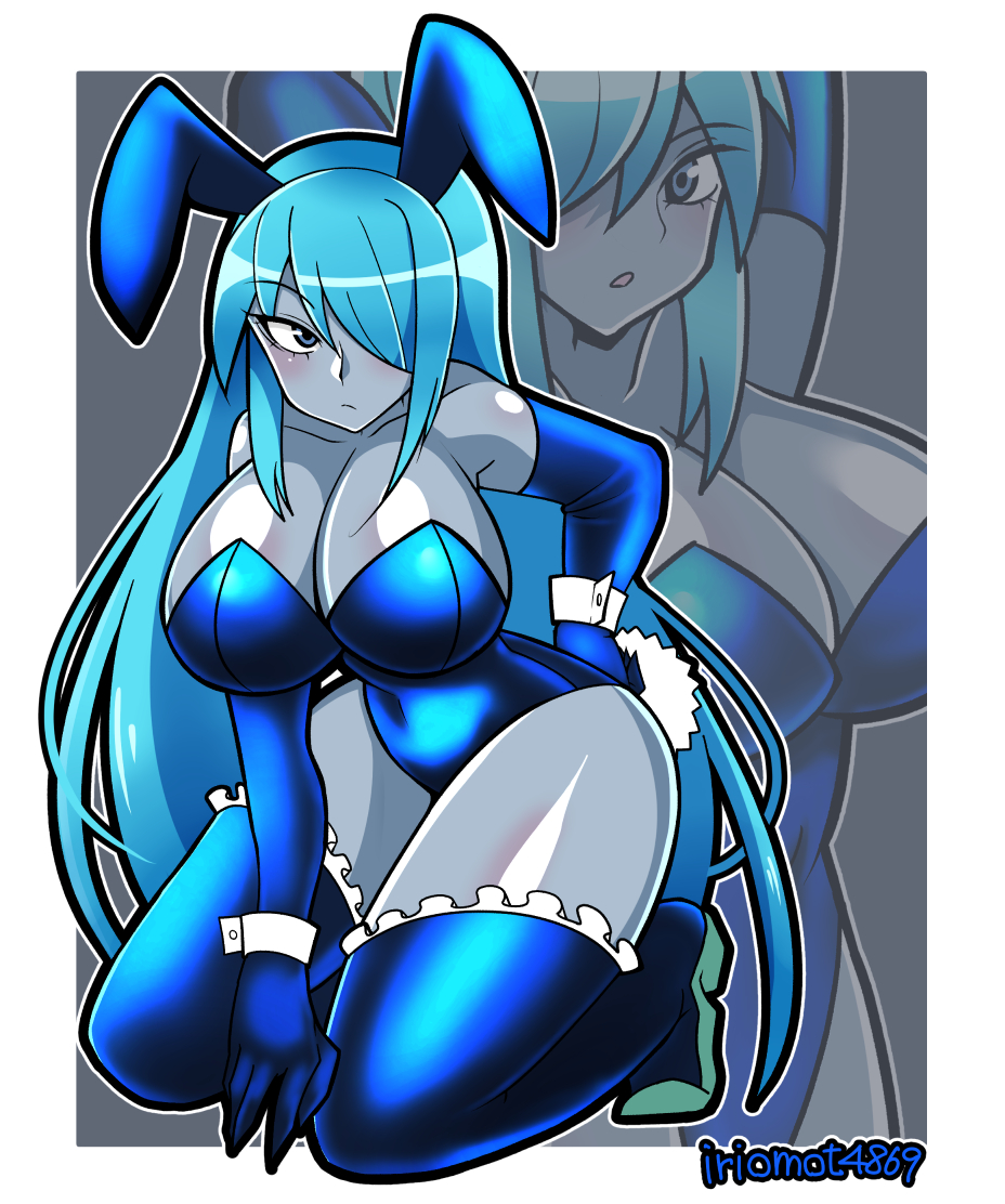 bare_shoulders big_breasts blue_bowtie blue_eyes blue_hair blue_leotard blue_skin blush breasts bunny_tail bunnysuit cleavage curvy dark_samus female female_only hand_on_hip iriomote_umineko looking_at_viewer metroid zero_suit_dark_samus