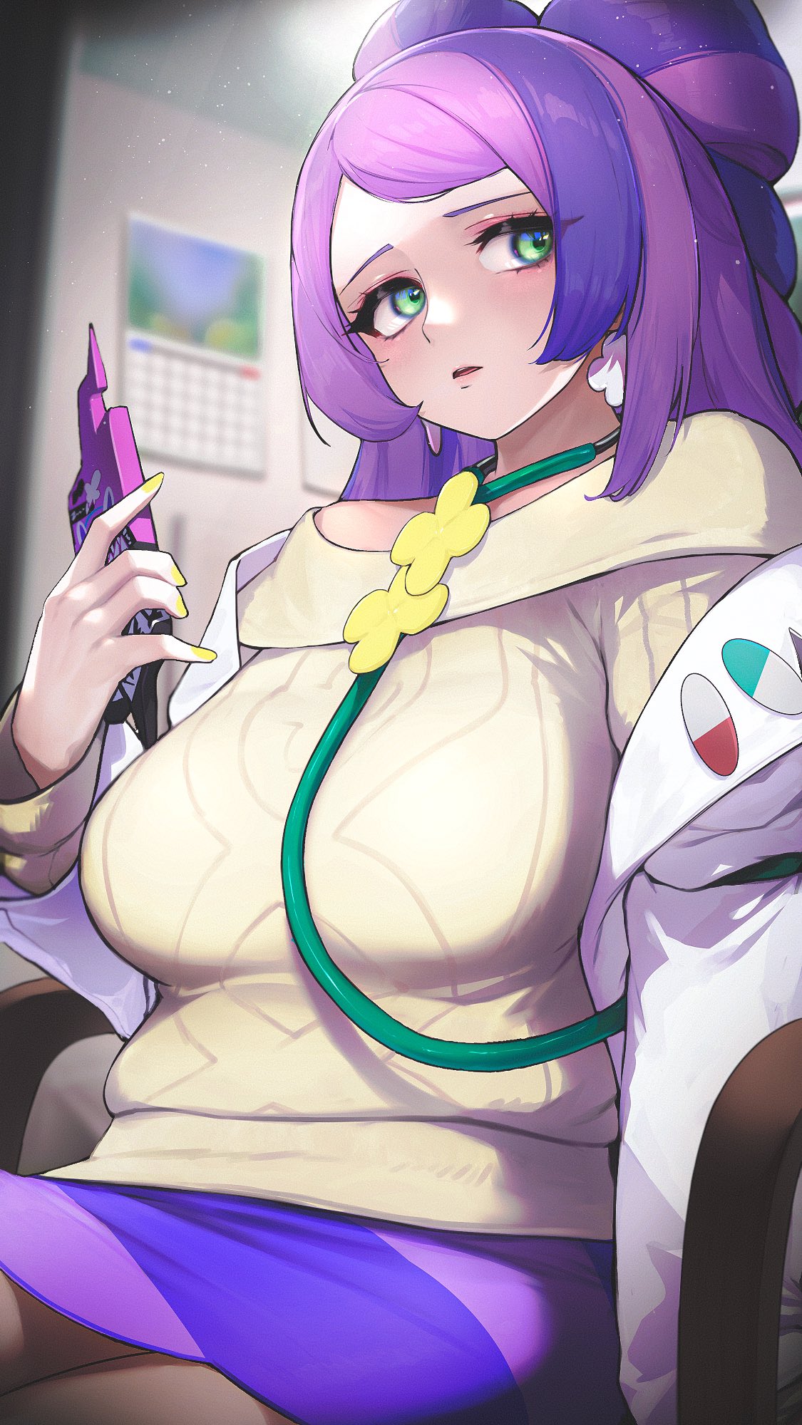 1girls, breasts, clothed, earrings, female, female only, game freak, green eyes, hizake, holding object, huge breasts, human, human only, kashu (hizake), light skin, light-skinned female, long hair, miriam (pokemon), nail polish, nintendo, nurse, pink hair, pokemon, pokemon sv, purple hair, rotom phone, solo, solo female, thick thighs, yellow nails