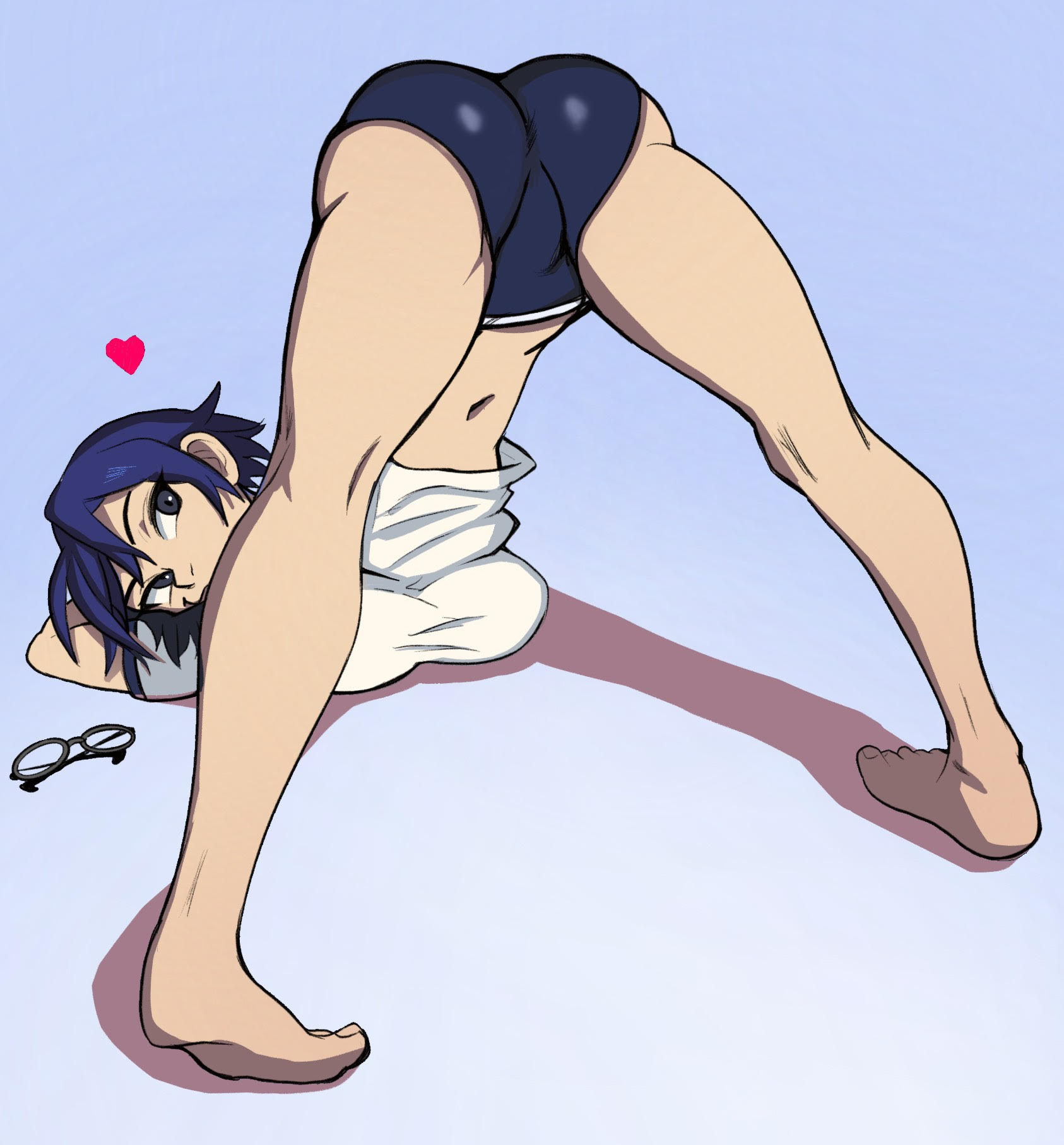 1girls, ass, ass focus, belly button, bending over, blue background, blue eyes, blue hair, breasts, feet, female, glasses, gym clothes, hakamichi shizune, heart, jack-o pose, katawa shoujo, looking at viewer, medium breasts, milkmountain, navel, pose, posing, presenting, short hair, shorts, simple background, solo female, stomach, tight clothing, uniform