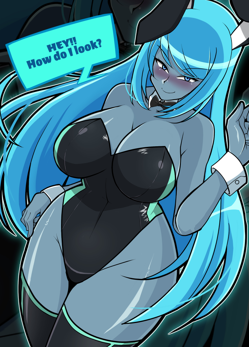 bare_shoulders big_breasts black_bowtie black_leotard blue_eyes blue_skin blush breasts bunnysuit cleavage curvy dark_samus female female_only iriomote_umineko text zero_suit_dark_samus