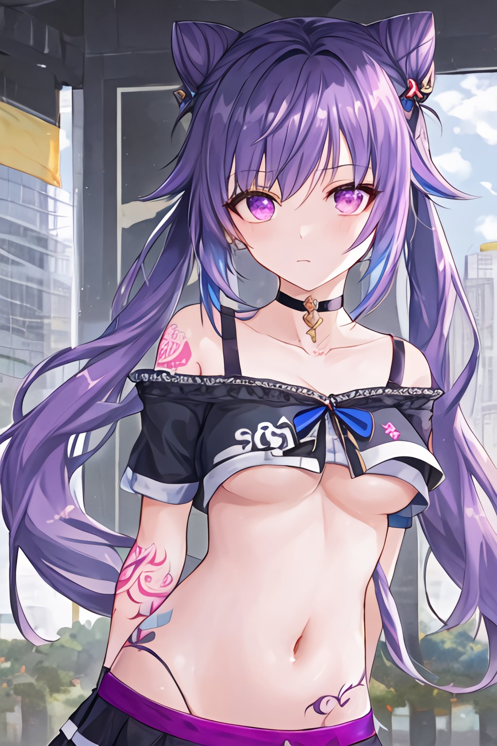 1girls, ai generated, belly button, breasts, choker, female, genshin impact, keqing (genshin impact), light skin, light-skinned female, looking at viewer, medium breasts, midriff, nai diffusion, navel, purple eyes, purple hair, stable diffusion, tattoo, twintails
