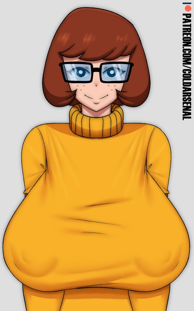 1girls, alternate breast size, big breasts, breasts, brown hair, clothed, clothing, coldarsenal, female, female only, freckles, glasses, grey background, hanna-barbera, large breasts, looking at viewer, nipple bulge, scooby-doo, short hair, signature, simple background, smile, solo, solo female, sweater, text, velma dinkley