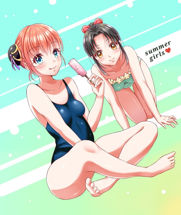 2girls all_fours bare_legs barefoot black_hair blue_eyes blue_swimsuit blush brown_eyes bun_cover crossed_legs double_bun female female_only full_body gintama hair_ornament hairbow kagura_(gintama) kazuyon looking_at_viewer multiple_girls one-piece_swimsuit orange_hair ponytail popsicle sitting small_breasts smile swimsuit tokugawa_soyo