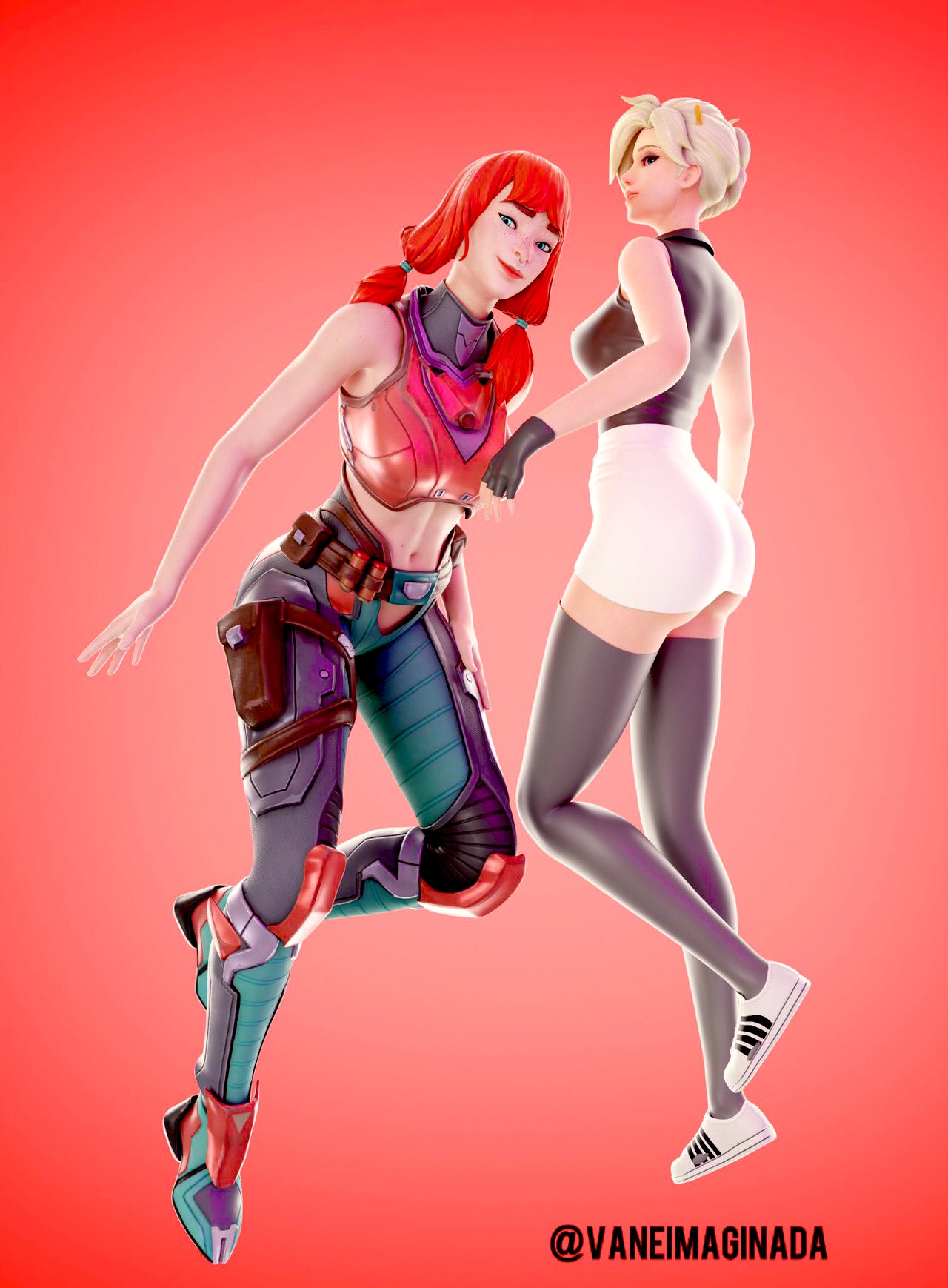 2girls 3d armor bare_shoulders big_ass blonde_hair blue_eyes clothed clothed_female crossover exposed_stomach female female_only fortnite fortnite:_battle_royale freckles mercy midriff mons_pubis navel nose_piercing overwatch pubic_mound red_hair simple_background smile strapless the_imagined_(fortnite) tight_clothing tubetop vaneimaginada workout_clothes