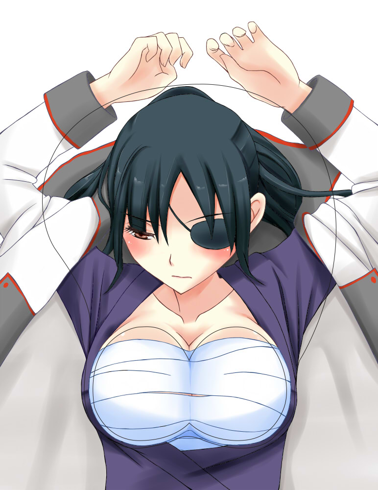 arms_up big_breasts black_hair blush cleavage embarrassed eye_patch female female_only gintama long_hair looking_away mousepad on_back open_jacket open_shirt ponytail samurai sarashi solo tomboy yagyuu_kyuubei