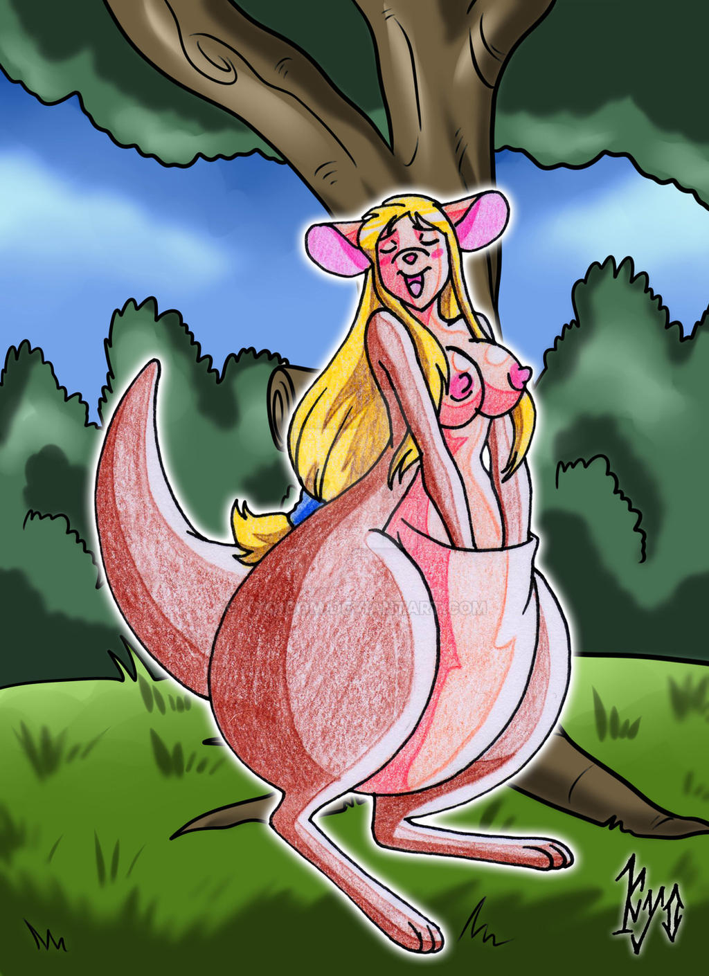 anthro ass big_butt black_nose blonde_hair blush blush_lines breasts erect_nipples female grass hair hand_in_pouch hi_res kangaroo kyo-domesticfucker macropod mammal marsupial mature_anthro mature_female nipples nude_female orgasm orgasm_face paws pink_nipples plant ponytail pouch_(anatomy) pouch_vore shrub solo tree vore wide_hips