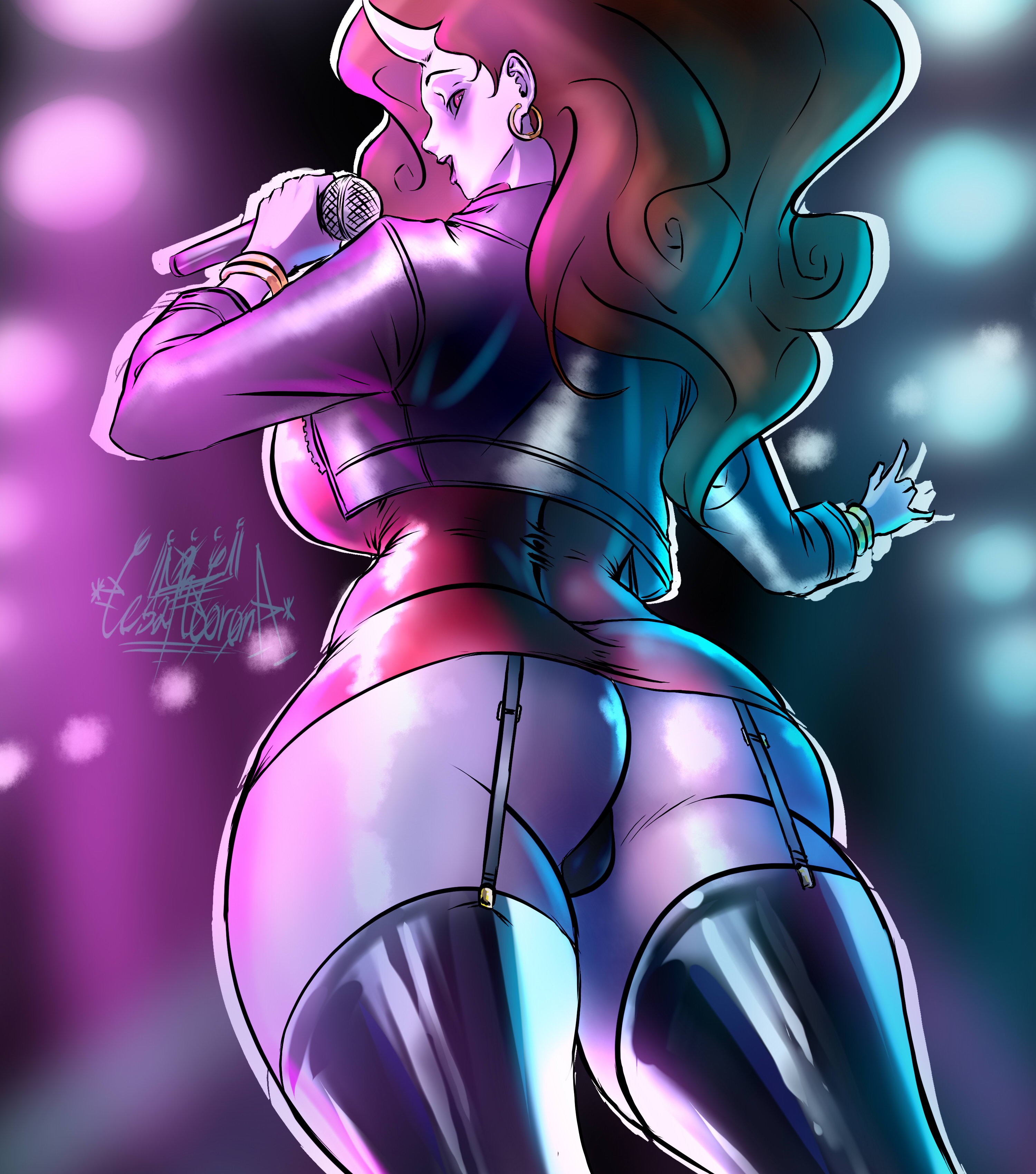 ass, big ass, big breasts, breasts, cameltoe, cesarcoronaart, demon, dress, female, friday night funkin, horn, jacket, lighting, looking back, microphone, mommy mearest, panties, pussy, smile, stockings, thick thighs, tight clothing, watermark